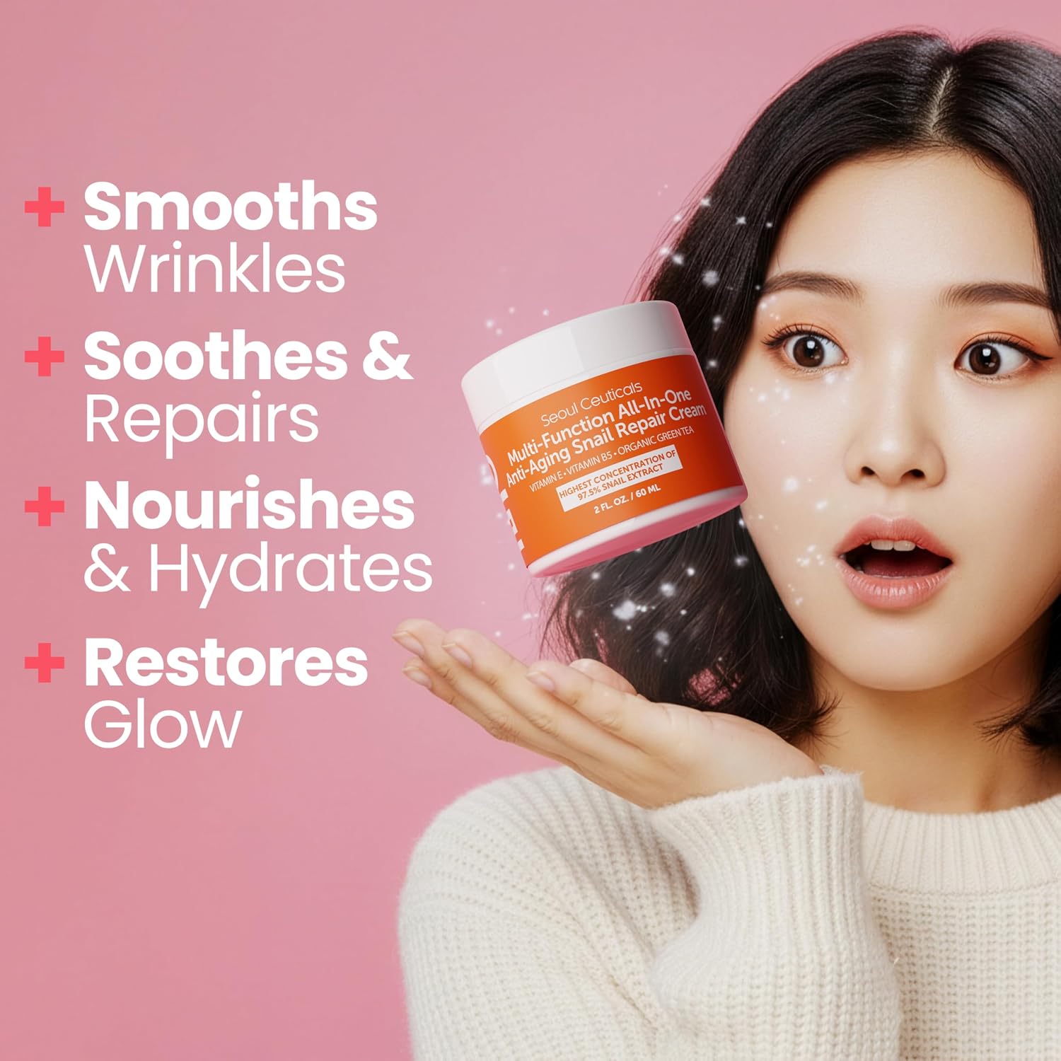 SeoulCeuticals 97.5% Snail Mucin Korean Face Moisturizer Day & Night Cream | 2oz Anti Wrinkle Anti Aging Repair, Natural Organic Cruelty Free Skin Care, K Beauty Facial Skincare for Oily Normal Dry Skin - Image 3