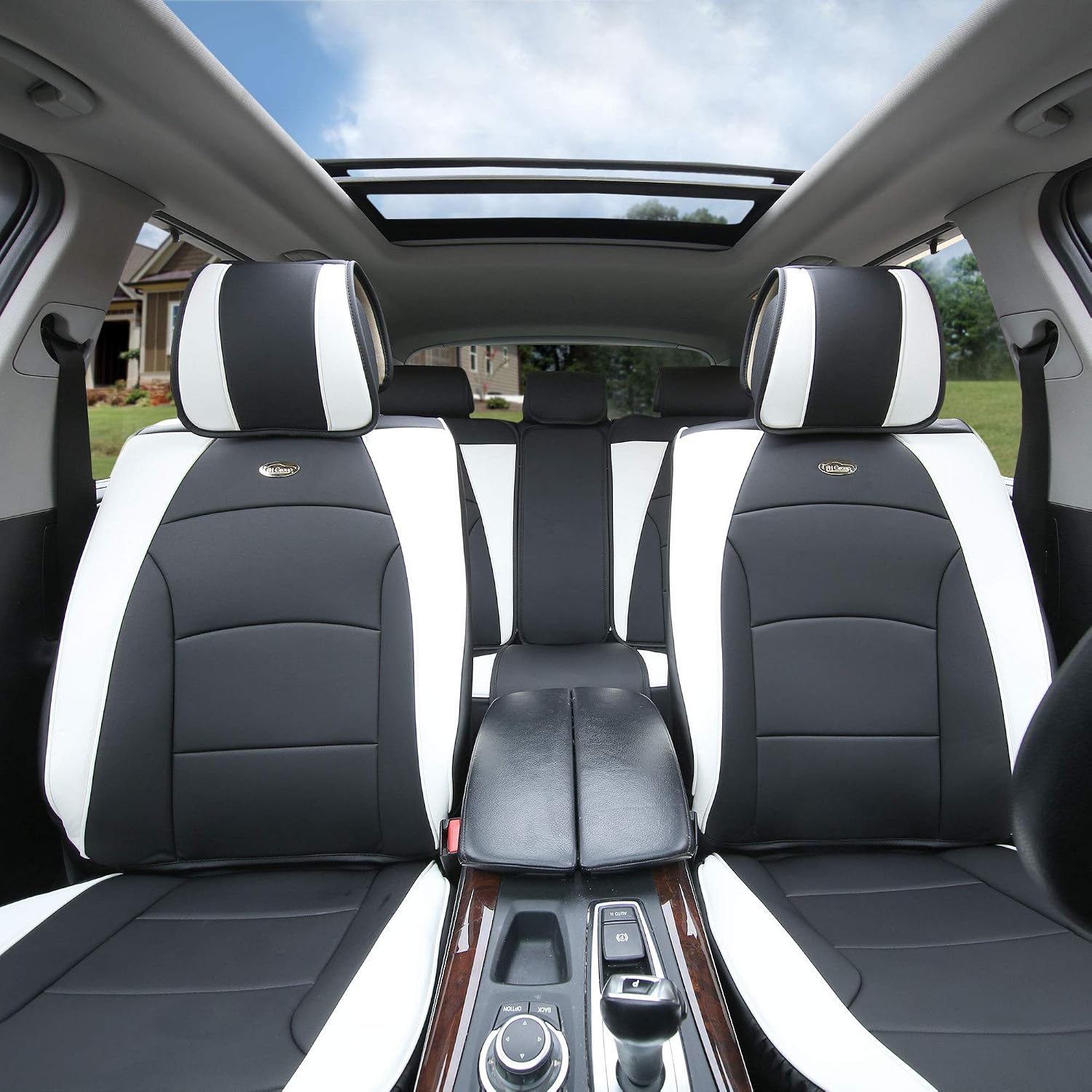 FH Group Ultra Comfort Highest Grade Faux Leather Full Set Cushion Pads Car Seat Covers for Front and Rear– Universal Fit for Cars Trucks & SUVs (White/Black) - Image 9