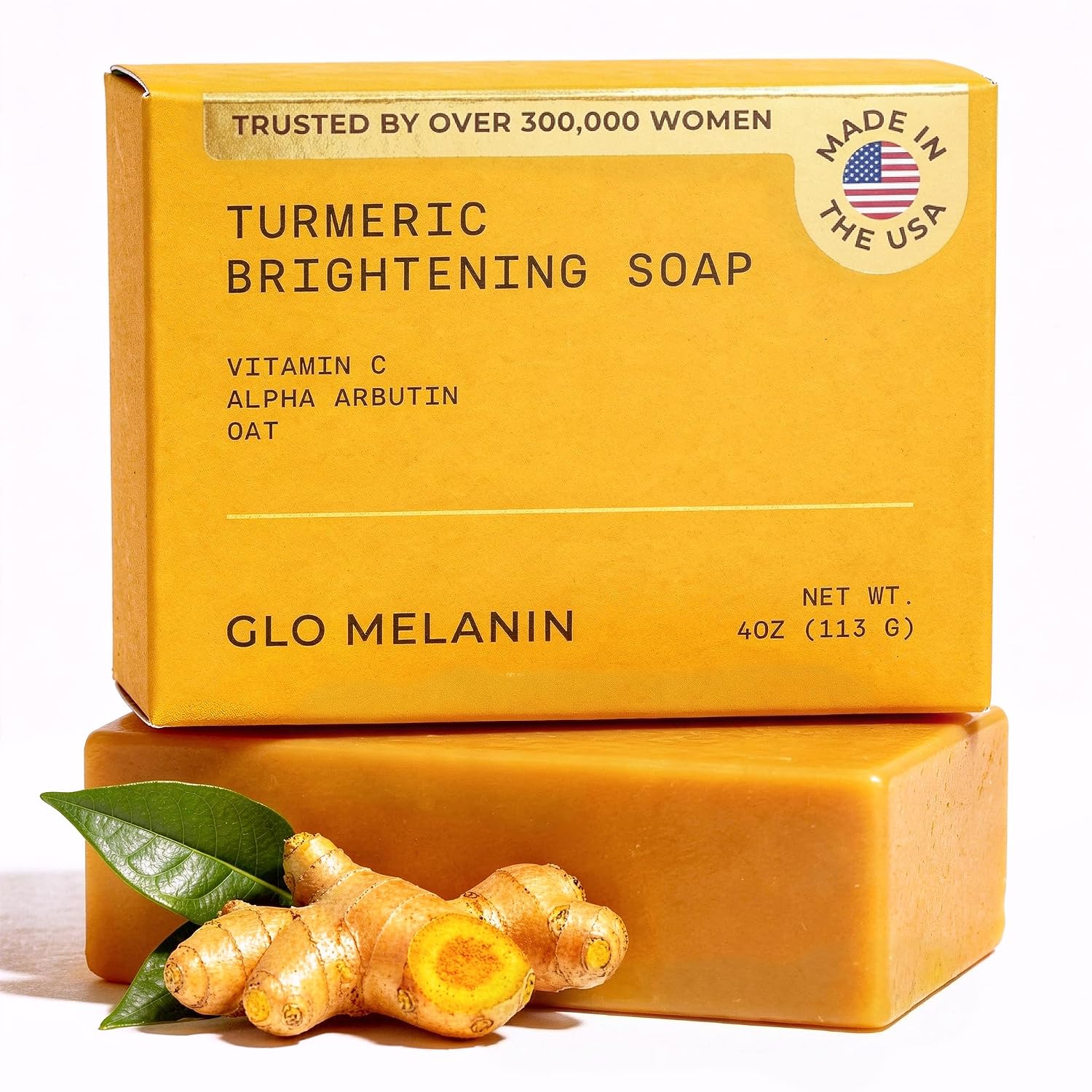 Glo Melanin Turmeric Brightening Soap with Vitamin C, Alpha Arbutin & Oats | 113g, For Face - Body - Dark Spots, All Natural, Vegan, Paraben-Free, Sulfate-free, For Melanin-Rich Skin, Made in USA - Image 2