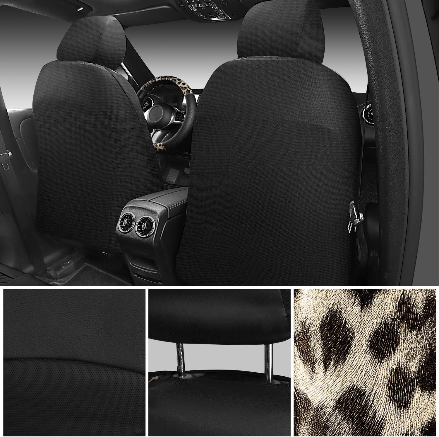 CAR PASS Leopard Print Faux Leather Car Seat Covers & Leopard Car Mats&Leopard Steering Wheel Cover Seat Belt Universal Car Accessories for SUV,Van,Saden,Truck Automobile Interior Sets(Gold Black) - Image 5