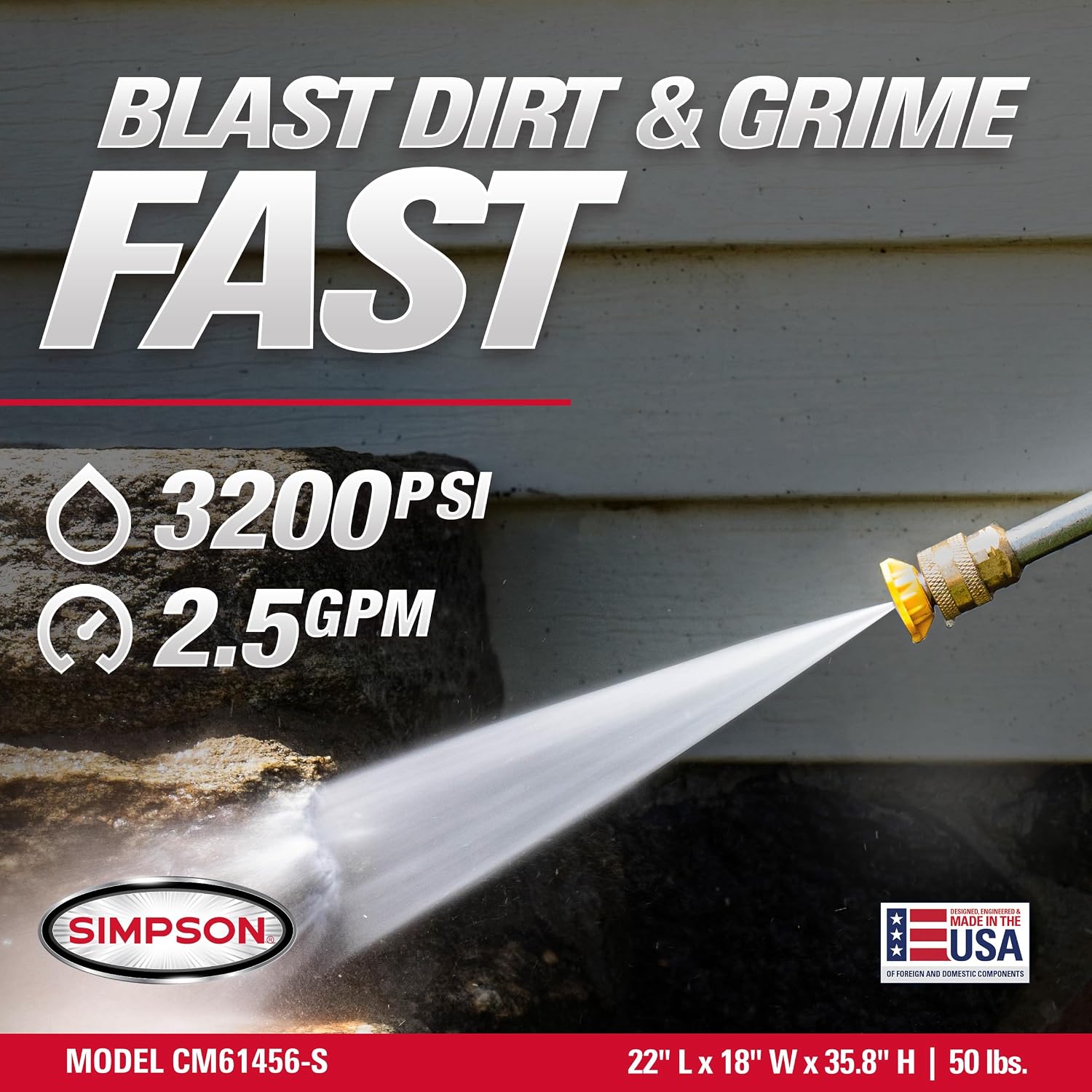 Simpson Clean Machine 3200 PSI Gas Pressure Washer, 2.5 GPM, Turbo Nozzle | Gas Power Washer For Homeowners. Axial Cam Pump, Built-in Soap Tank, Turbo Nozzle, 25' Hose. 49-State Compliant. CM61456 - Image 3