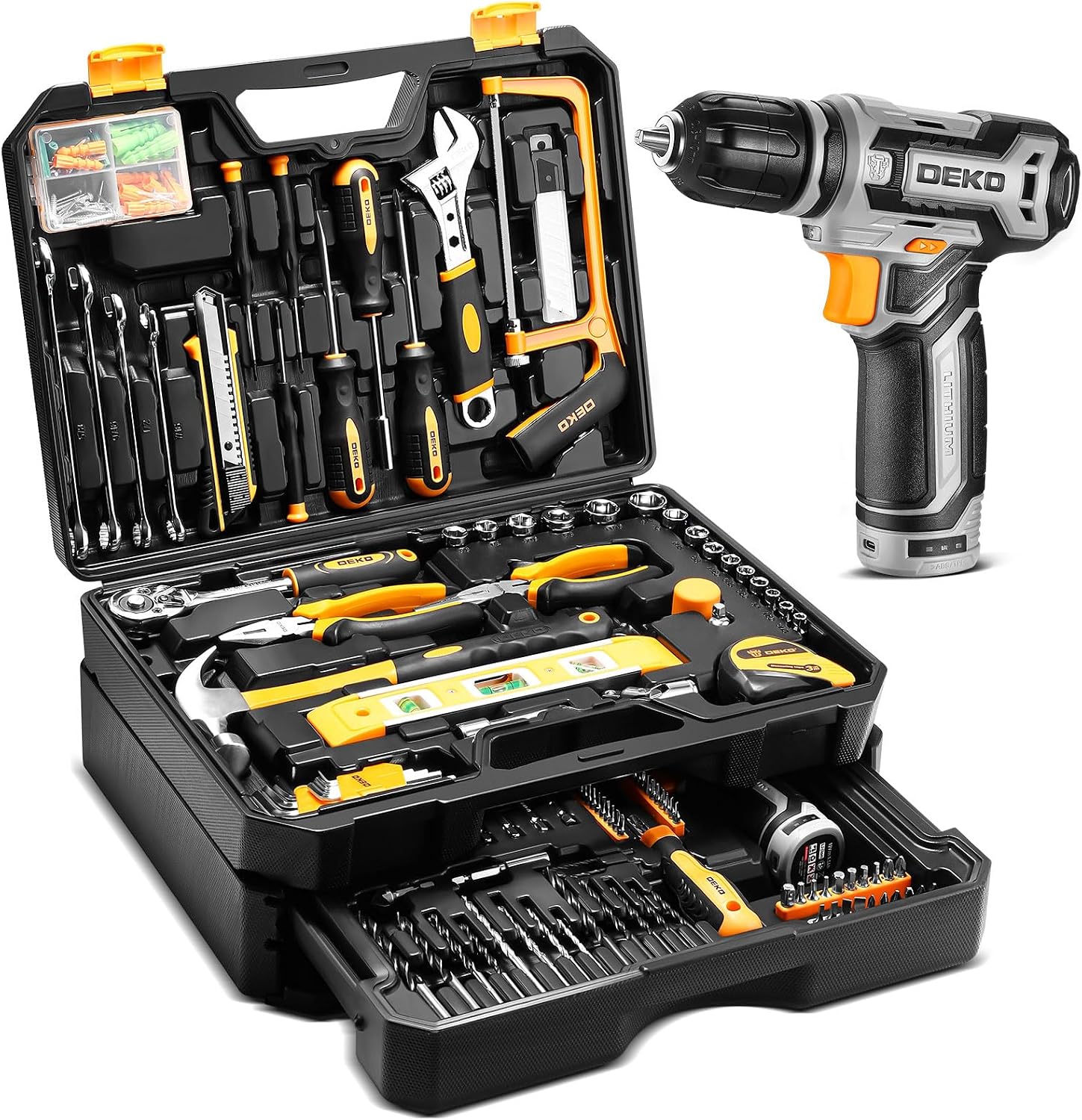 Tool Kit Box Drill Set:DEKOPRO Home Mechanic Toolbox with 12V Power Cordless Drill Hand Repair Tools Sets Combo Kits Storage Organizer Drawer Case for Men - Image 2
