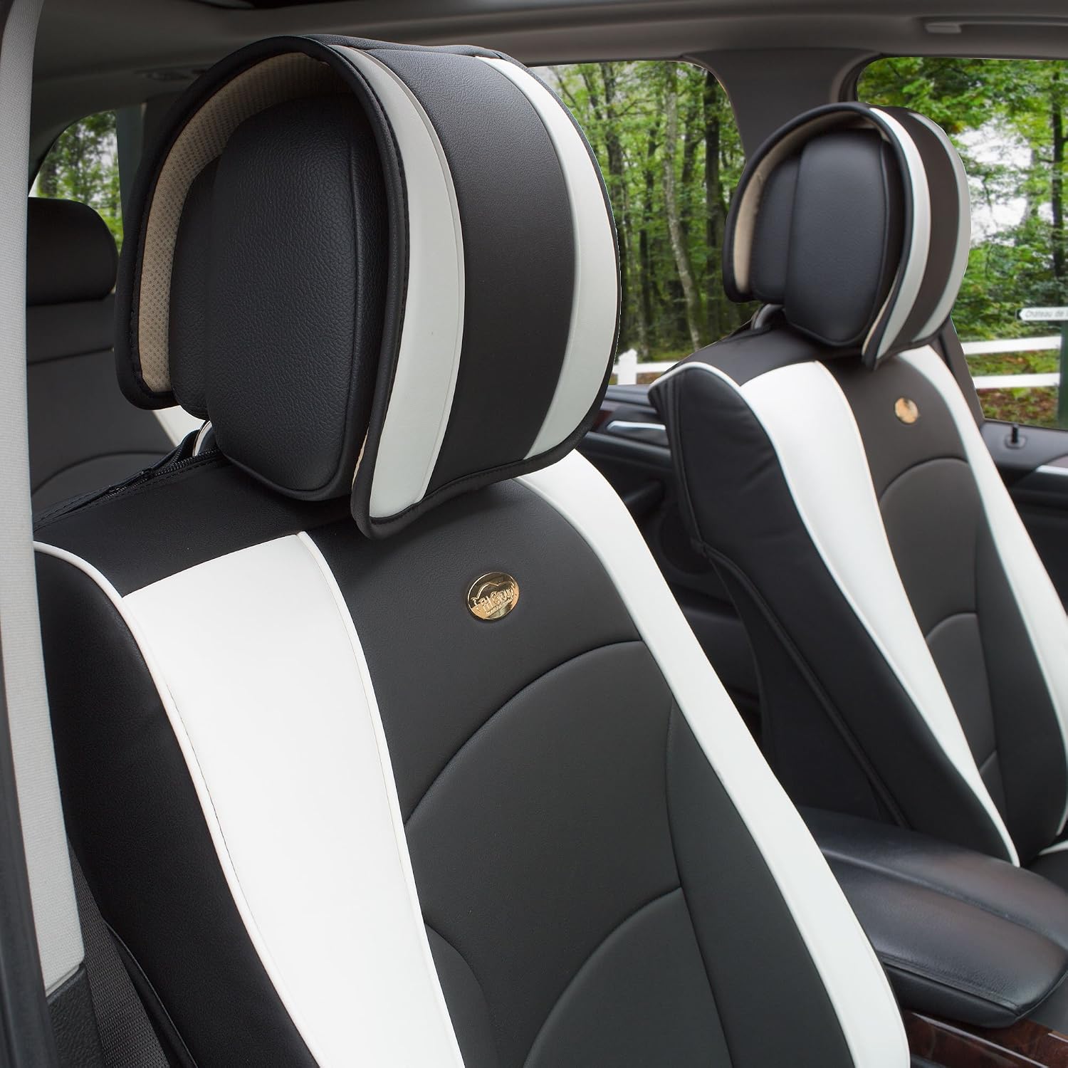 FH Group Ultra Comfort Highest Grade Faux Leather Full Set Cushion Pads Car Seat Covers for Front and Rear– Universal Fit for Cars Trucks & SUVs (White/Black) - Image 7