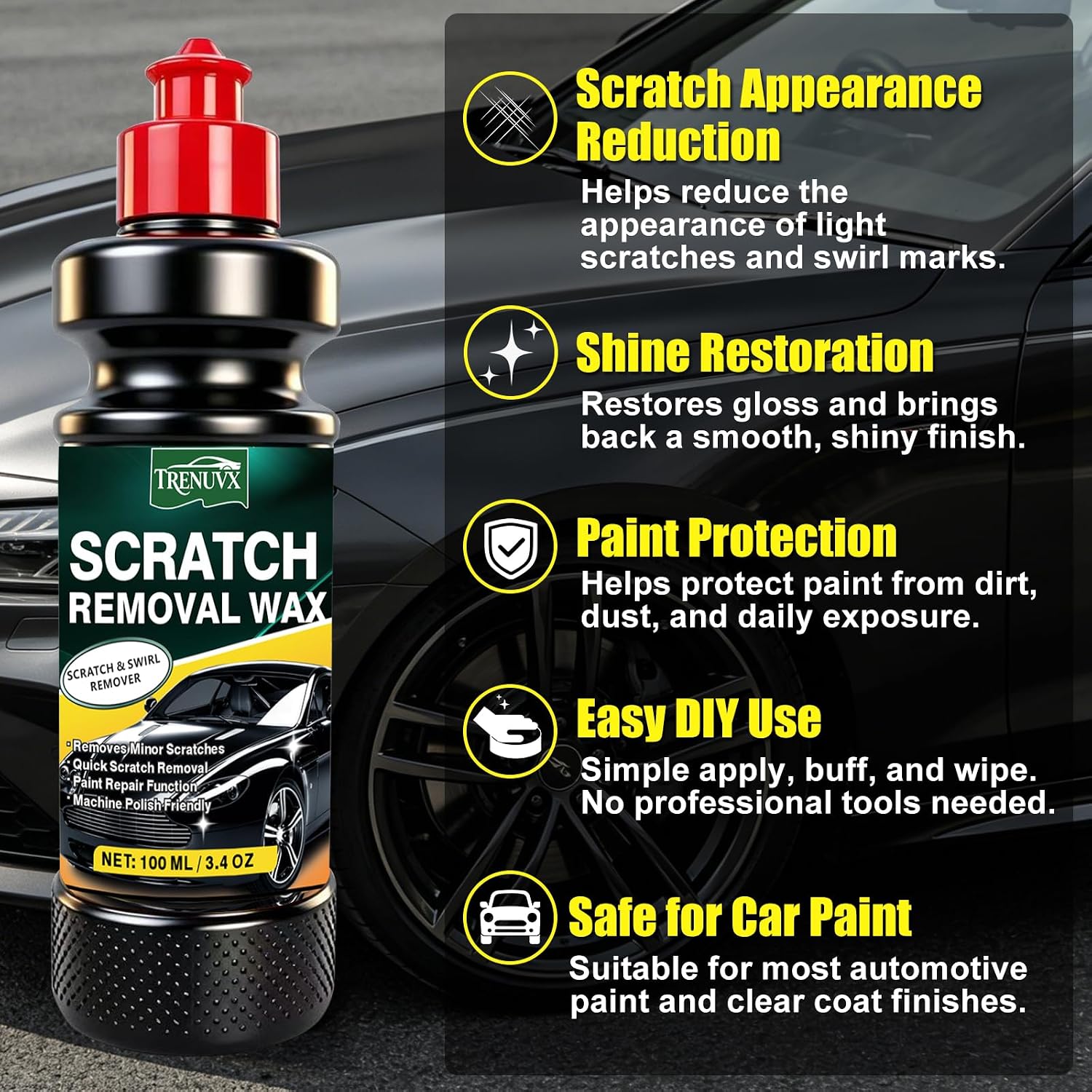 Car Scratch Remover for Vehicles, Car Scratch Repair Kit with Scratch Removal Wax, Rubbing Compound & Polishing Pad, Removes Light Scratches and Swirl Marks, Restores Car Paint Finish, 3.4oz/100ml - Image 3