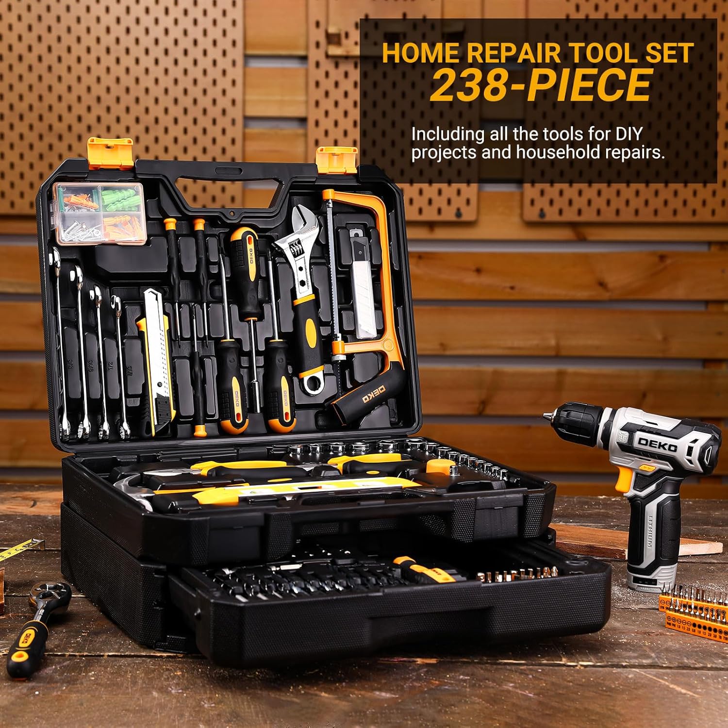 Tool Kit Box Drill Set:DEKOPRO Home Mechanic Toolbox with 12V Power Cordless Drill Hand Repair Tools Sets Combo Kits Storage Organizer Drawer Case for Men - Image 6
