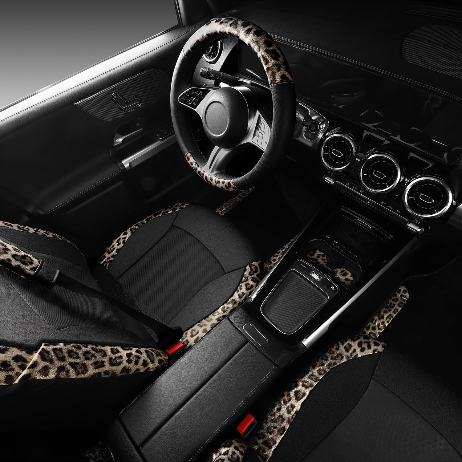 CAR PASS Leopard Print Faux Leather Car Seat Covers & Leopard Car Mats&Leopard Steering Wheel Cover Seat Belt Universal Car Accessories for SUV,Van,Saden,Truck Automobile Interior Sets(Gold Black) - Image 3