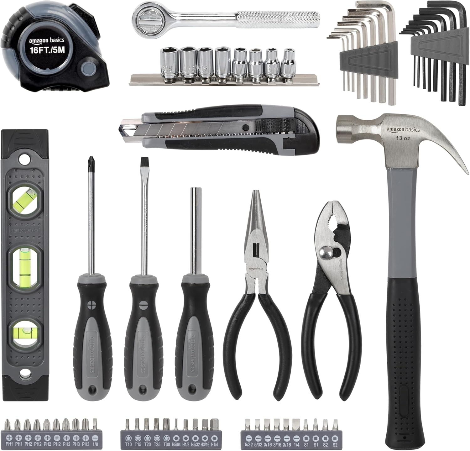 Amazon Basics 65 Piece Home Repair Tool Kit Set With Carrying Bag, Hand Tools, Socket Set, SAE and Metric, Silver, Black - Image 3