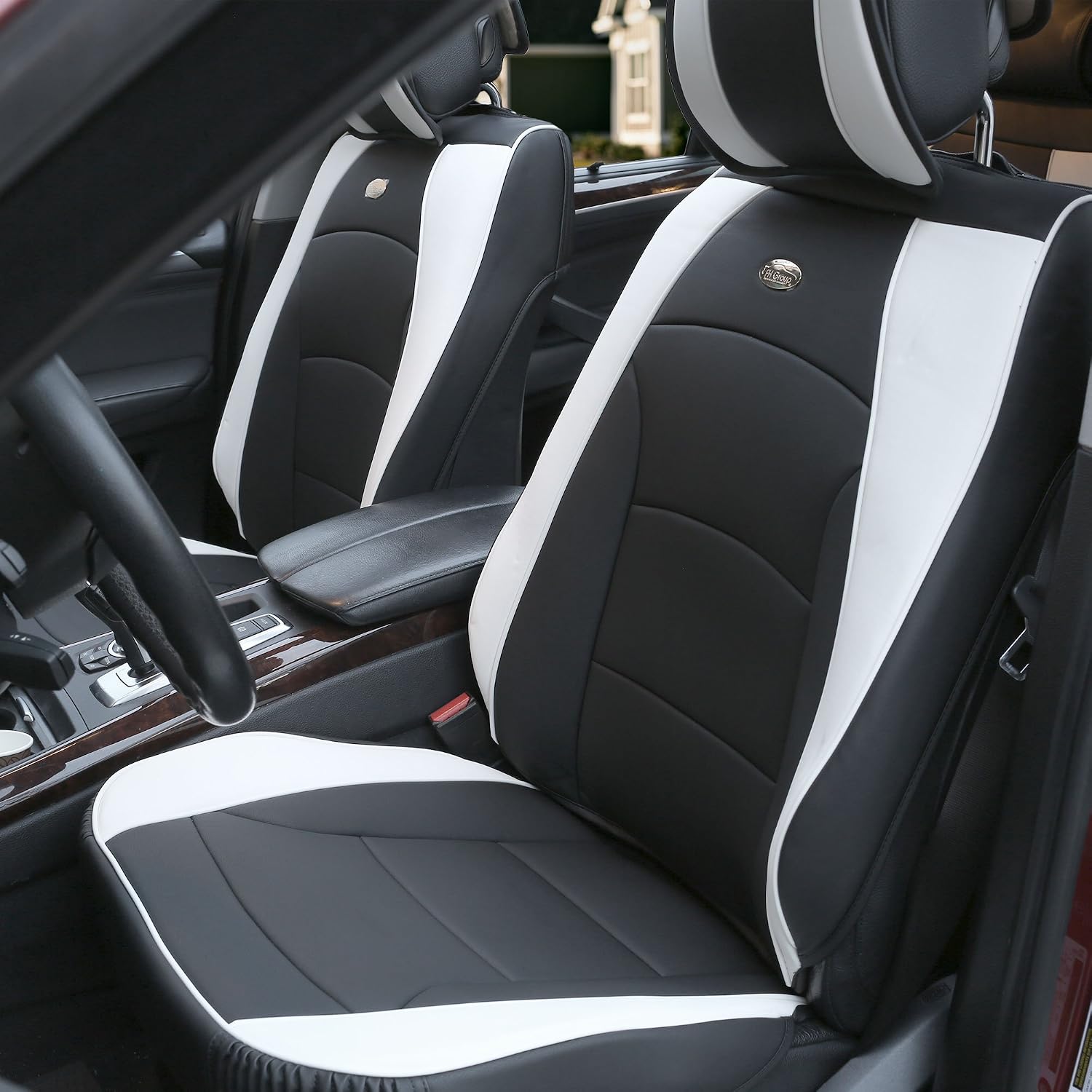 FH Group Ultra Comfort Highest Grade Faux Leather Full Set Cushion Pads Car Seat Covers for Front and Rear– Universal Fit for Cars Trucks & SUVs (White/Black) - Image 6