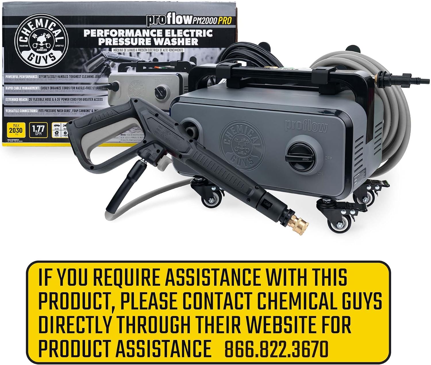 Chemical Guys Electric Pressure Washer PM2000 PRO – 2030 PSI, 1.77 GPM, 25’ Flex Hose, Compact Design, 360° Casters, Standard Connections, Cable Storage – EQP411 - Image 4