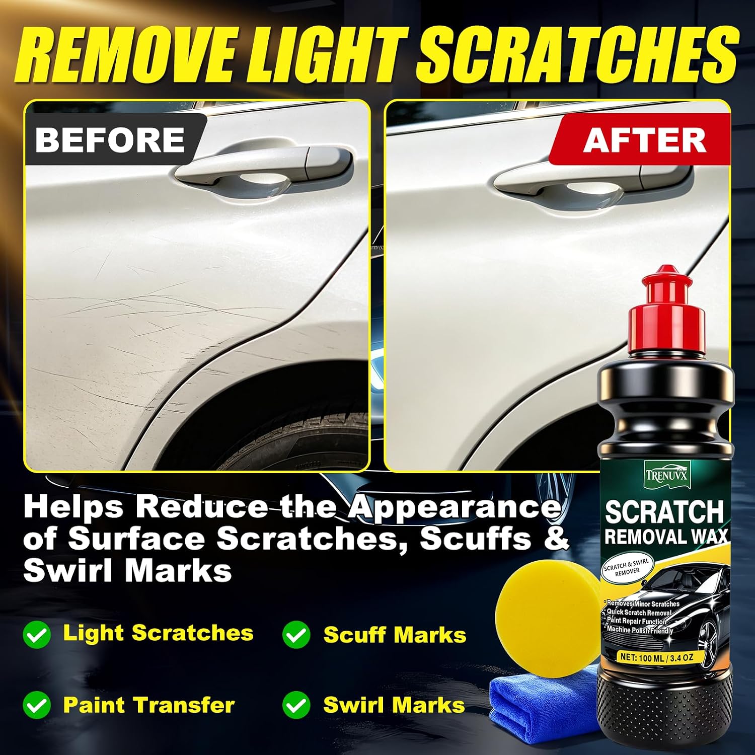 Car Scratch Remover for Vehicles, Car Scratch Repair Kit with Scratch Removal Wax, Rubbing Compound & Polishing Pad, Removes Light Scratches and Swirl Marks, Restores Car Paint Finish, 3.4oz/100ml - Image 4