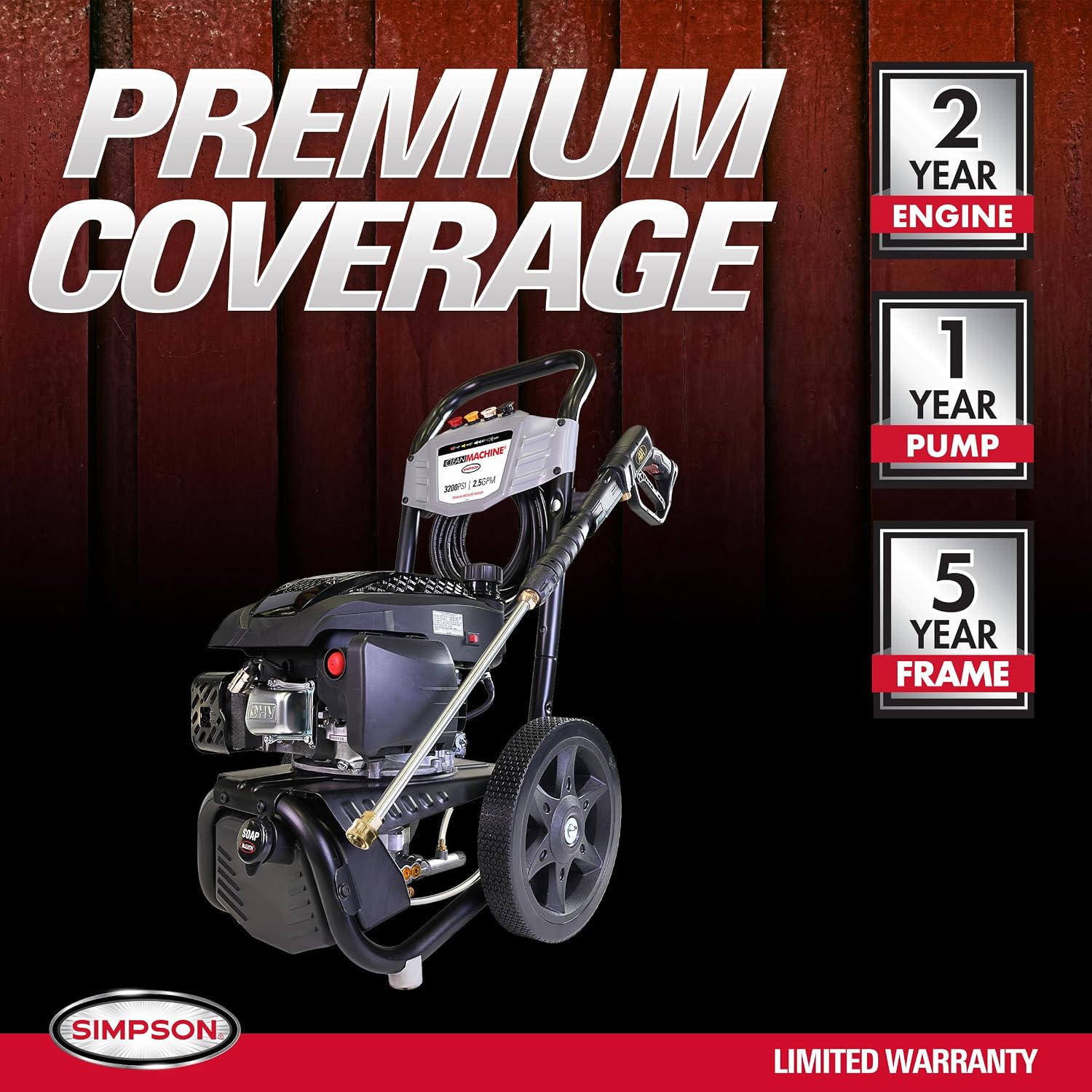 Simpson Clean Machine 3200 PSI Gas Pressure Washer, 2.5 GPM, Turbo Nozzle | Gas Power Washer For Homeowners. Axial Cam Pump, Built-in Soap Tank, Turbo Nozzle, 25' Hose. 49-State Compliant. CM61456 - Image 10