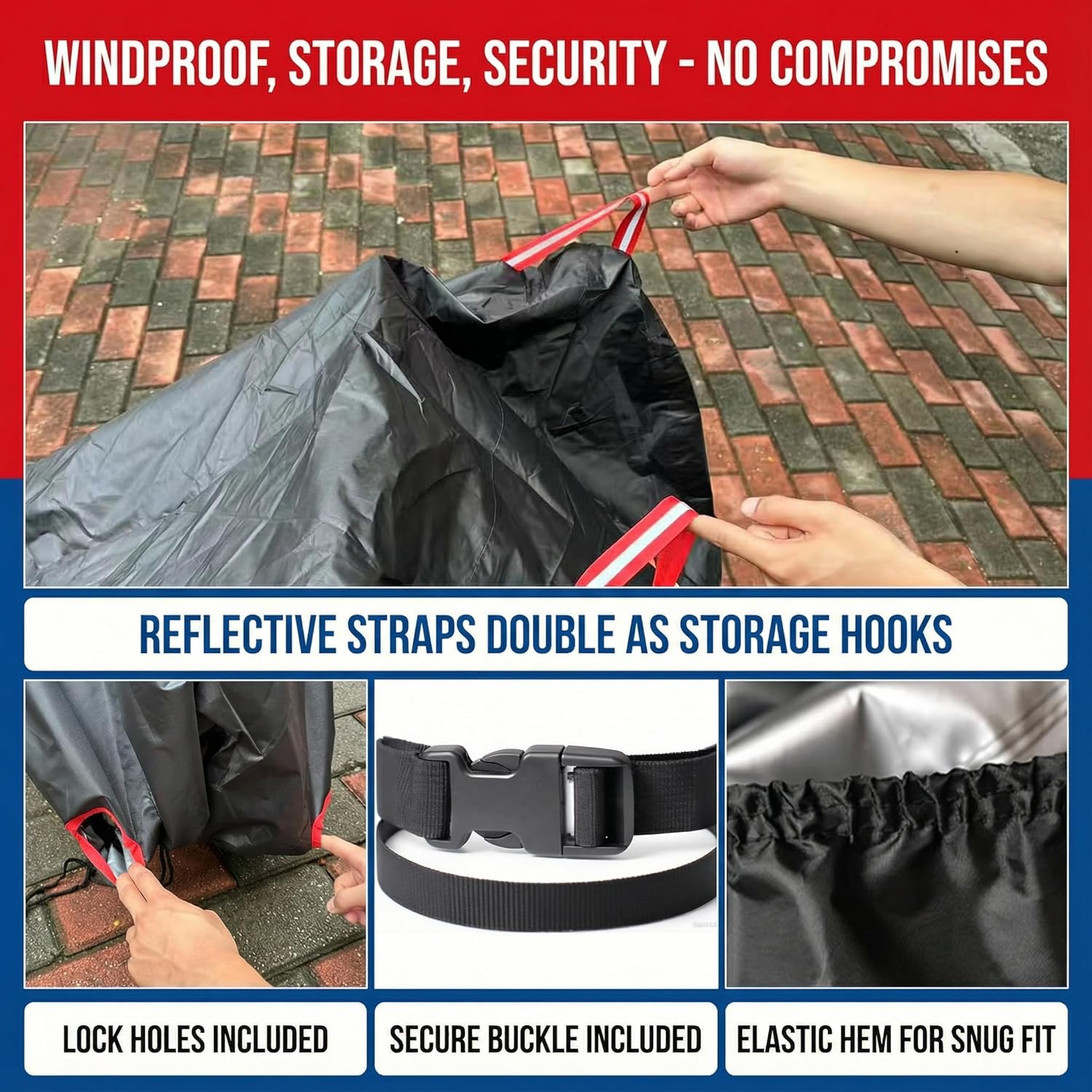 Bike Cover with Side Zipper, 500D Heavy Duty Waterproof Bicycle Cover for Outdoor Storage, Windproof Tie-Down Straps, Reflective Strips, Fits 1–3 Bikes, Mountain, Road & Electric(2bikes) - Image 8