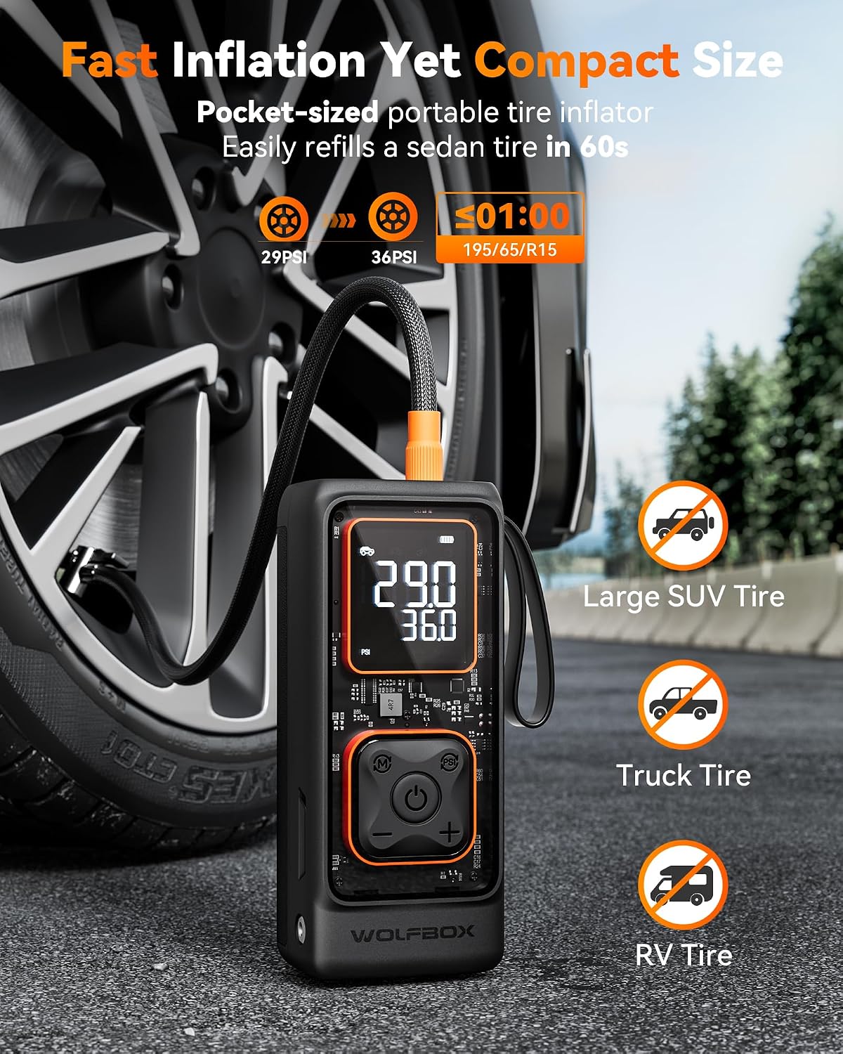 WOLFBOX Cordless Tire Inflator Portable Air Compressor, 150PSI Air Pump for Car Tires, Motorcycle, Bicycle & Ball, with Smart Digital Pressure Gauge, Auto Shut-Off & LED Flashlight - Image 3