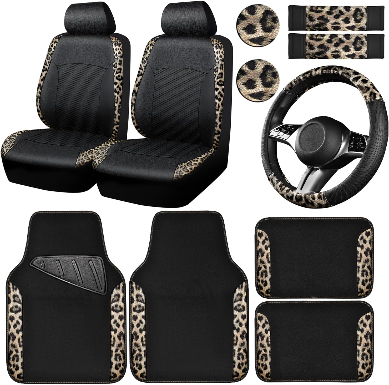 CAR PASS Leopard Print Faux Leather Car Seat Covers & Leopard Car Mats&Leopard Steering Wheel Cover Seat Belt Universal Car Accessories for SUV,Van,Saden,Truck Automobile Interior Sets(Gold Black) - Image 2