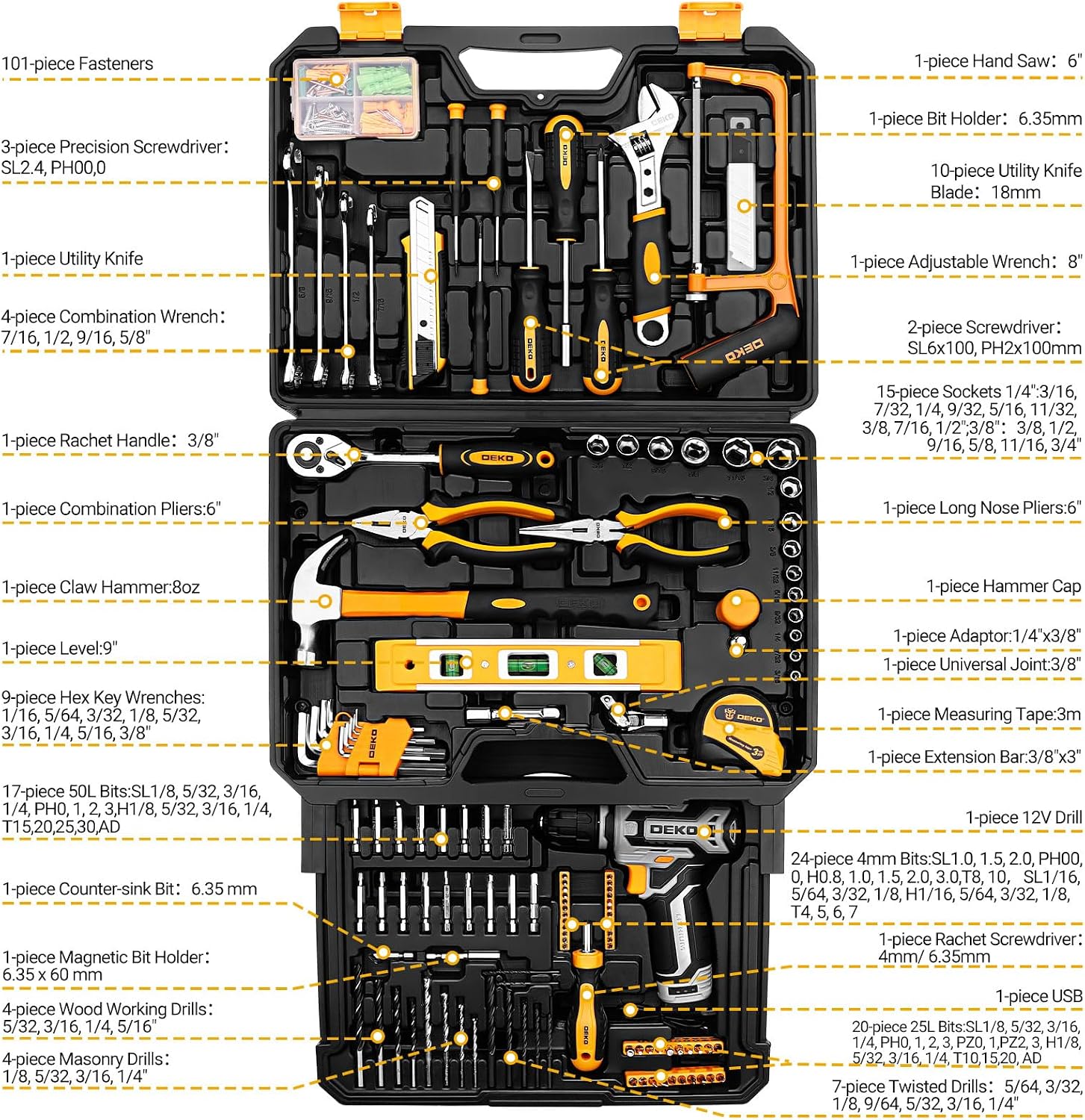 Tool Kit Box Drill Set:DEKOPRO Home Mechanic Toolbox with 12V Power Cordless Drill Hand Repair Tools Sets Combo Kits Storage Organizer Drawer Case for Men - Image 3