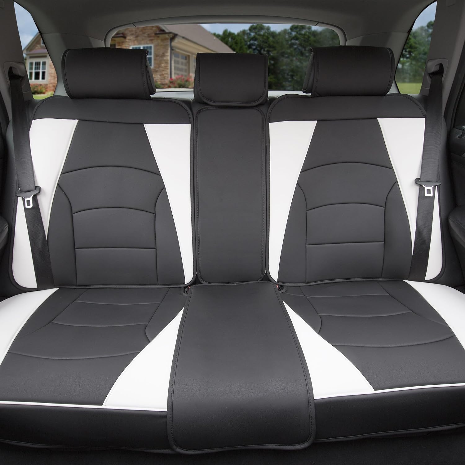 FH Group Ultra Comfort Highest Grade Faux Leather Full Set Cushion Pads Car Seat Covers for Front and Rear– Universal Fit for Cars Trucks & SUVs (White/Black) - Image 8