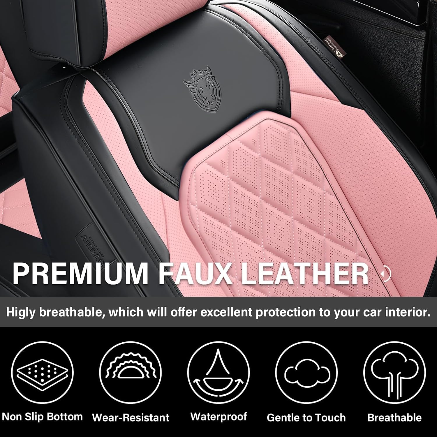 Coverado Leather Seat Covers, Car Seat Covers Full Set, Waterproof Faux Leather Pink & Black Seat Covers, Car Seat Protectors 5 Seats, Automotive Seat Covers Universal Fit for Most Cars SUV Trucks - Image 5
