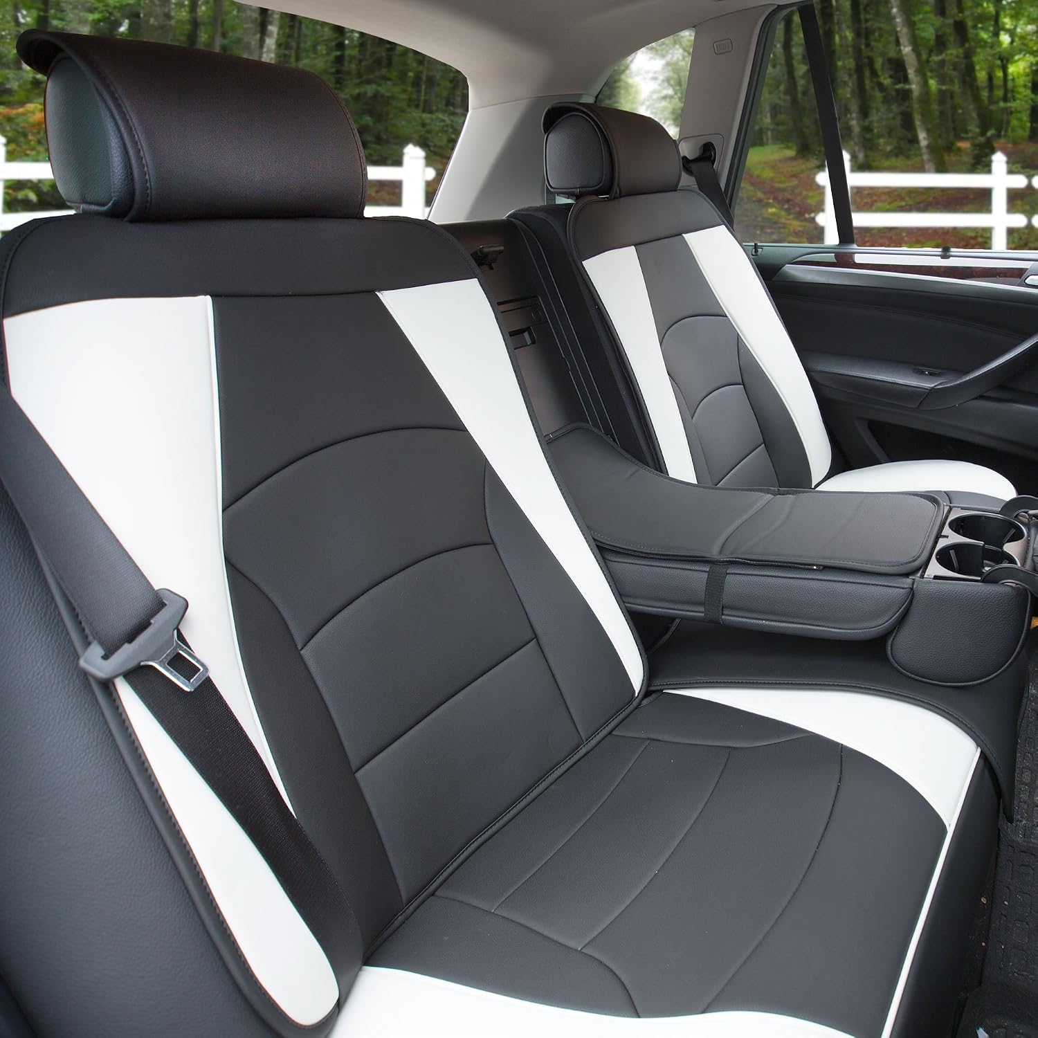 FH Group Ultra Comfort Highest Grade Faux Leather Full Set Cushion Pads Car Seat Covers for Front and Rear– Universal Fit for Cars Trucks & SUVs (White/Black) - Image 5