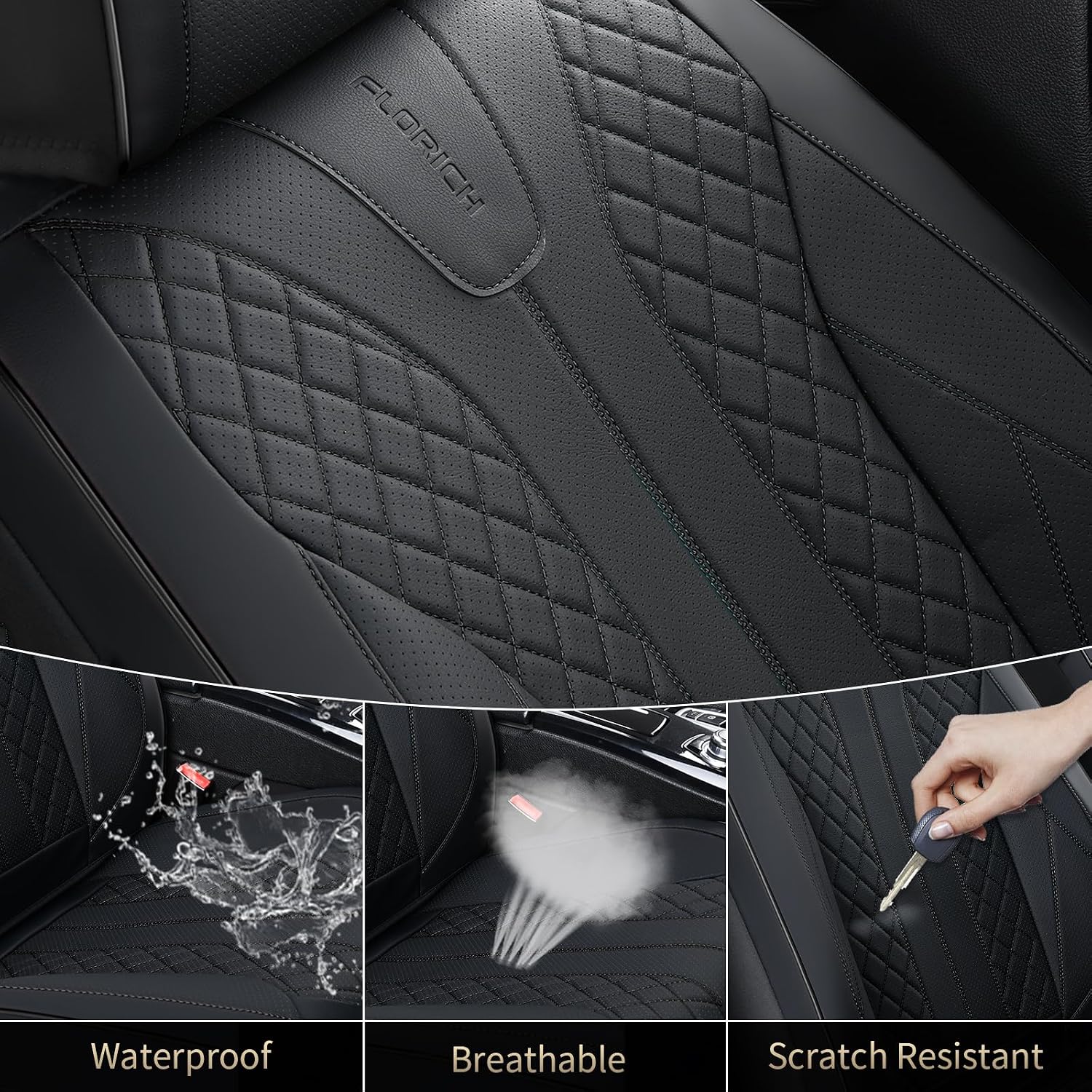FLORICH Leather Seat Covers Full Set Automotive Seat Covers Black Car Seat Covers Waterproof Front and Back Seat Covers Car Seat Cushion Protector Universal Fit for Most Cars SUV Trucks, Black - Image 7