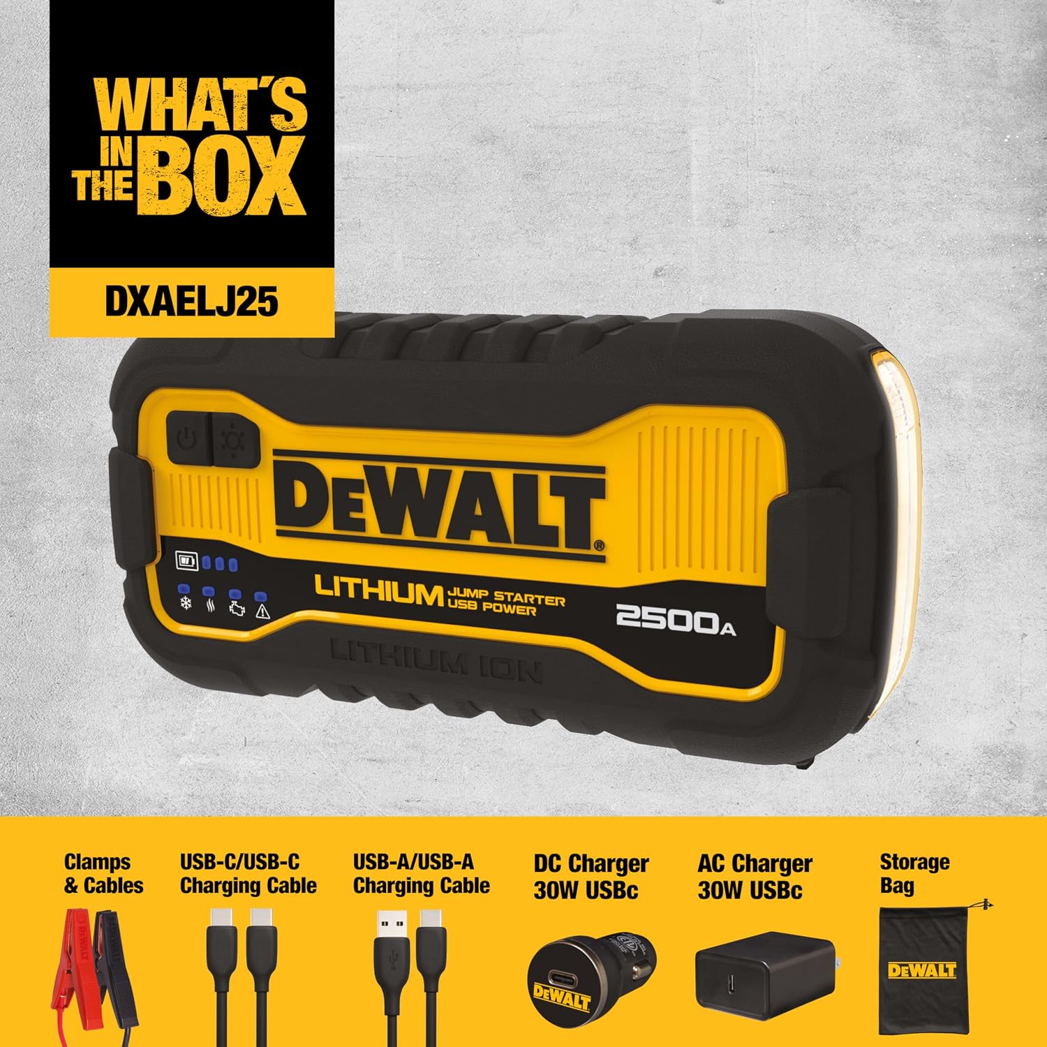 : DEWALT DXAELJ25 2500 Peak Amp Portable Lithium Jump Starter with USB-C (25W, 60W in/Out) and USB-A (15W) - Image 4