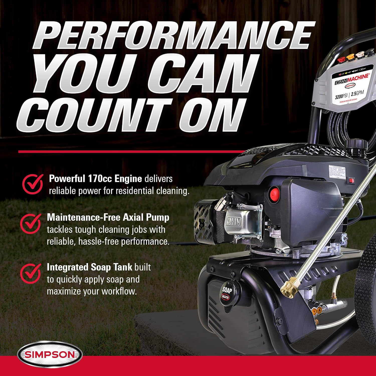 Simpson Clean Machine 3200 PSI Gas Pressure Washer, 2.5 GPM, Turbo Nozzle | Gas Power Washer For Homeowners. Axial Cam Pump, Built-in Soap Tank, Turbo Nozzle, 25' Hose. 49-State Compliant. CM61456 - Image 4
