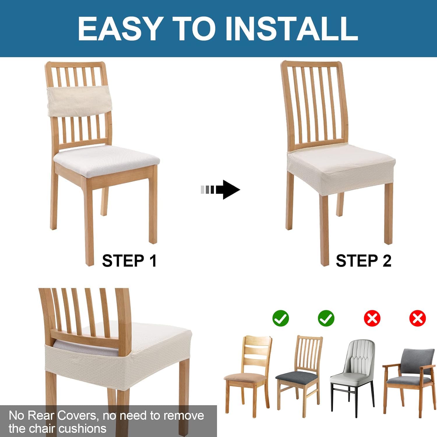 Smiry Waterproof Seat Covers for Dining Room Chairs, No Rear Covers | Stretch Jacquard Removable Washable Chair Seat Slipcovers Protector, Set of 4, Beige - Image 6