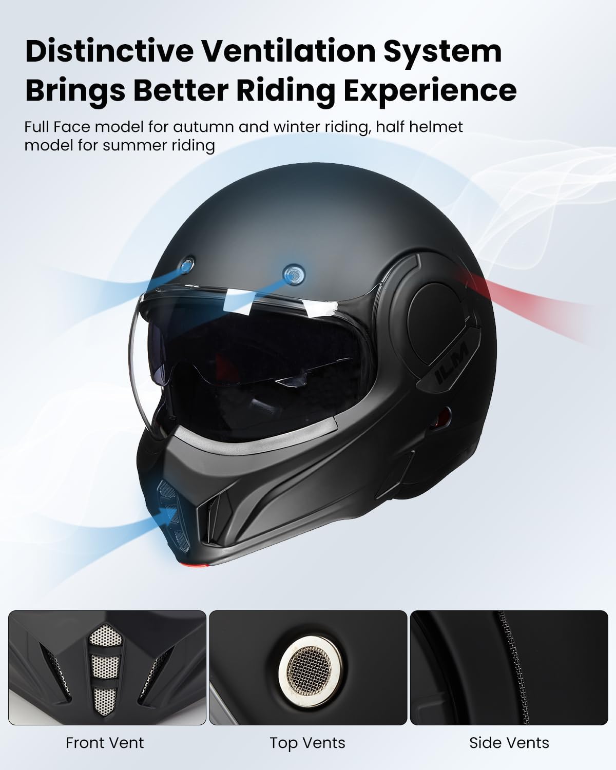 ILM Vintage Full Face Modular Motorcycle Helmet for Adults Men ATV UTV Snowmobile with 180° Reversible Chin Guard DOT ILM-B707(Matte Black, M) - Image 7