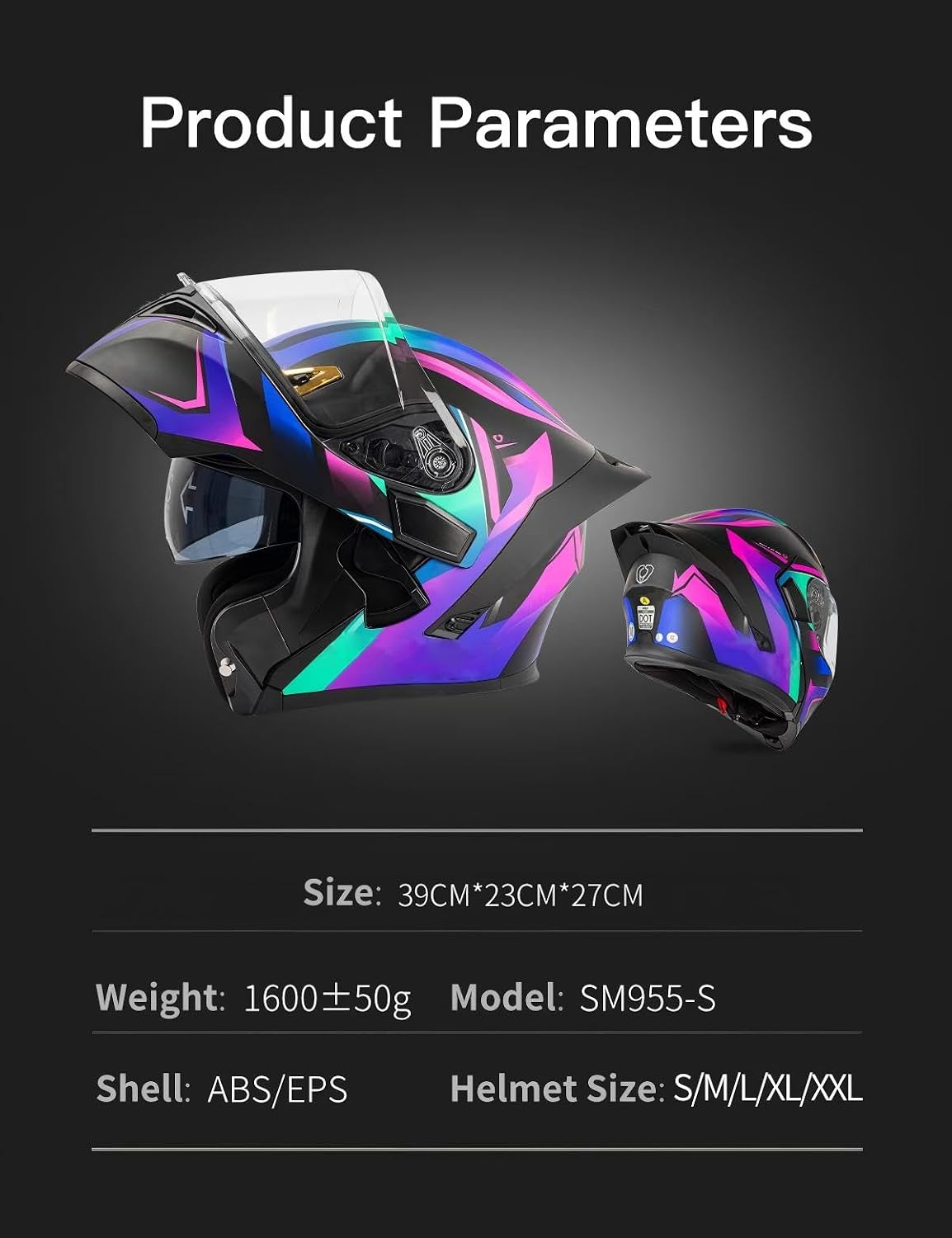 Bluetooth Motorcycle Helmet, Unisex, Dual-Lens Full-face Helmet, Flip-up, Modular Motorcycle Helmet with Bluetooth, DOT Approved - Image 4