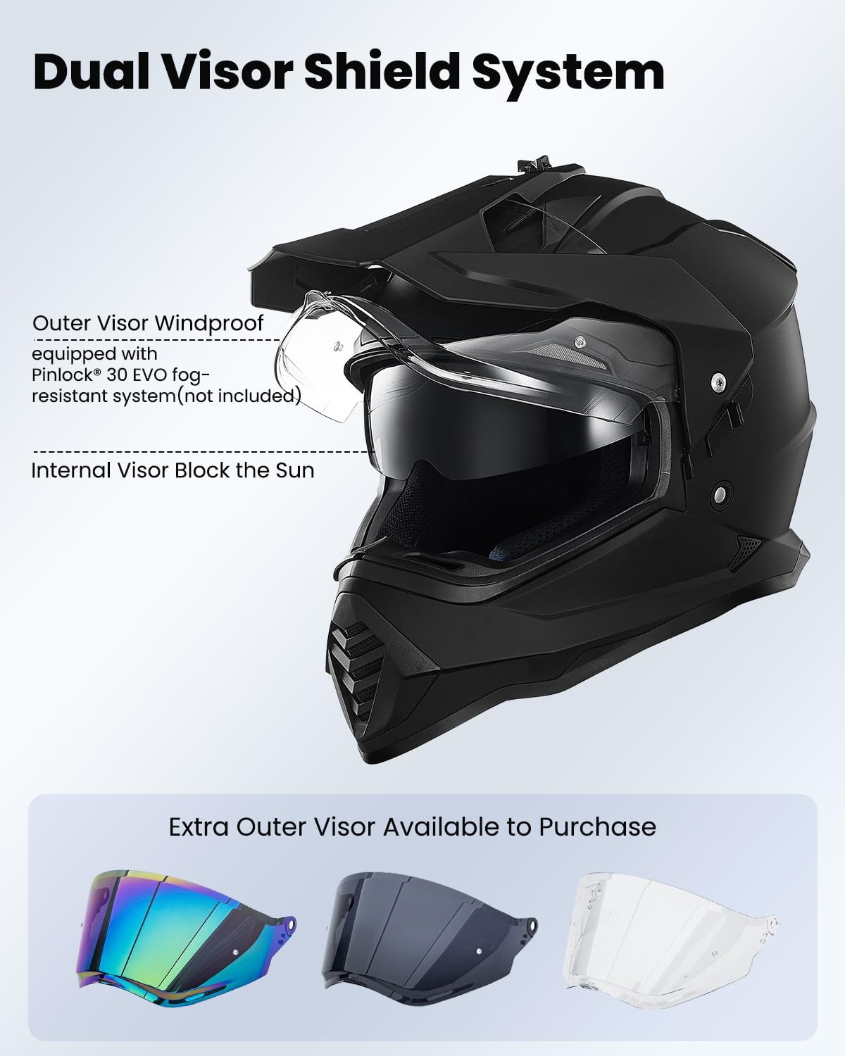 ILM Dual Sport Adventure Motorcycle Helmet with Pinlock Compatible Sun Visor Snowmobile ATV Dirt Bike Off Road Casco Model WS902 (Matte Black, L) - Image 4