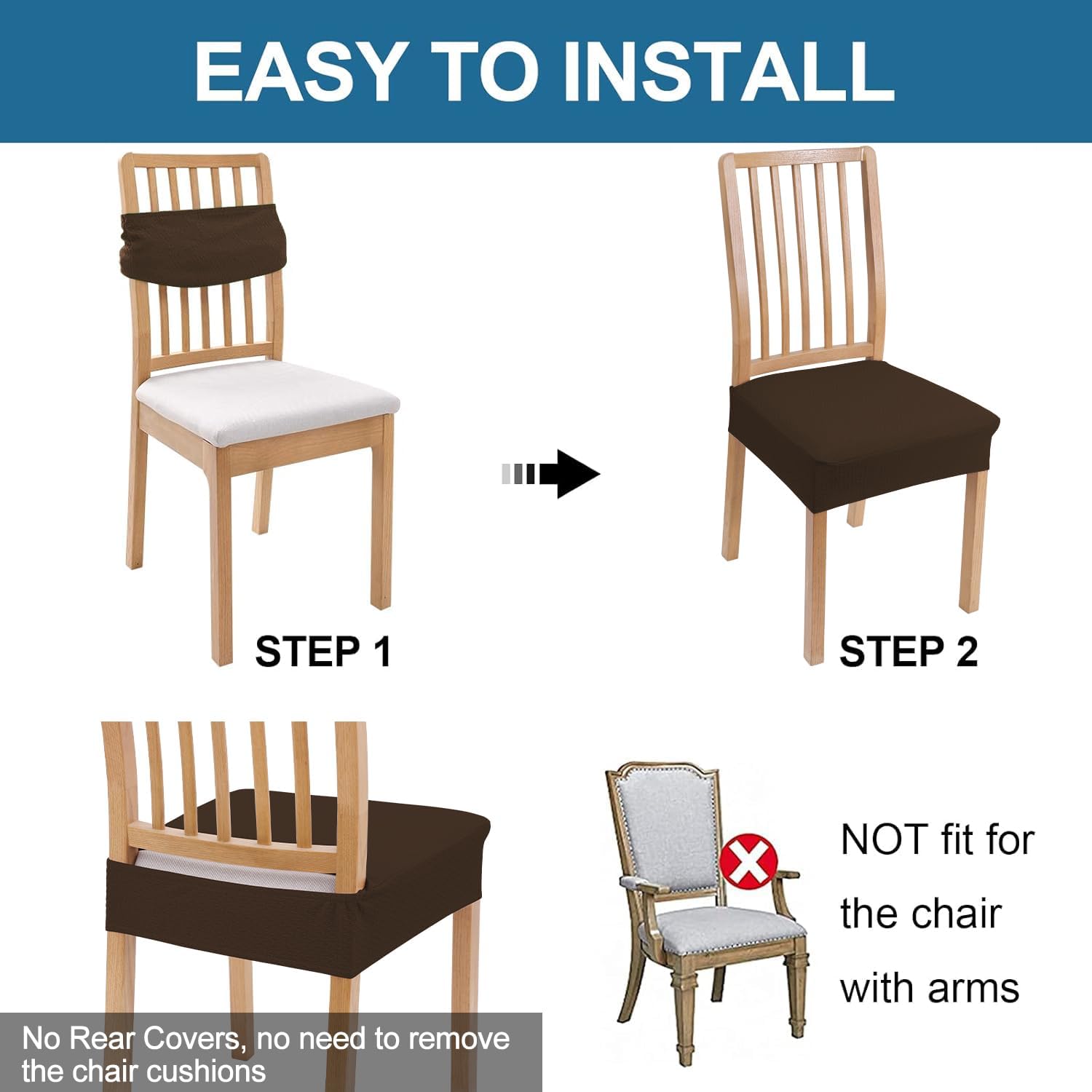 Smiry Waterproof Seat Covers for Dining Room Chairs, No Rear Covers | Stretch Jacquard Removable Washable Chair Seat Slipcovers Protector, Set of 4, Brown - Image 6