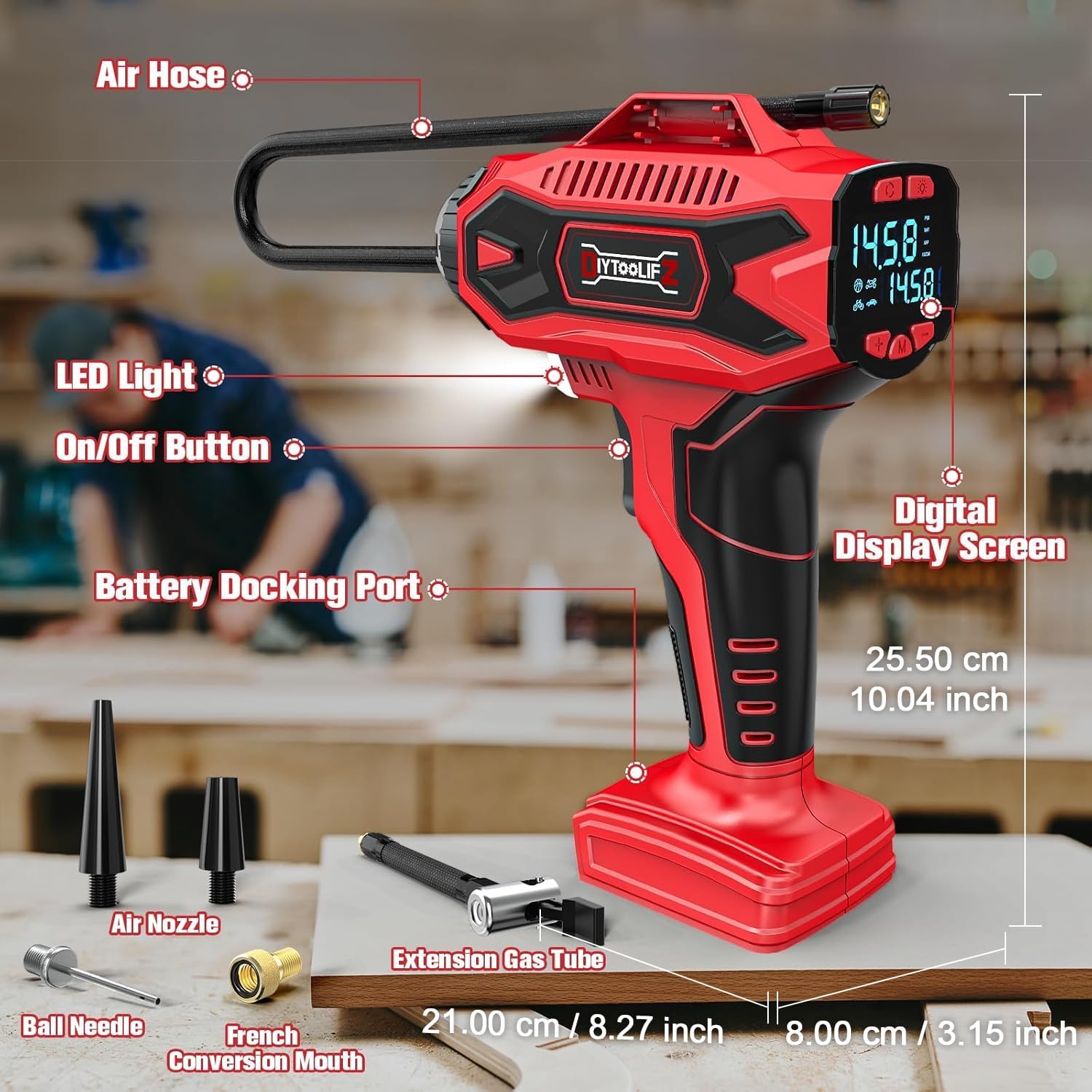 DIYtoolifz 160PSI Tire Inflator Compatible with Milwaukee 18V Battery | Portable Air Compressor Cordless Air Pump with Digital Pressure Gauge for Cars, SUV, Motorcycles, Bikes, Balls (Tool Only) - Image 7
