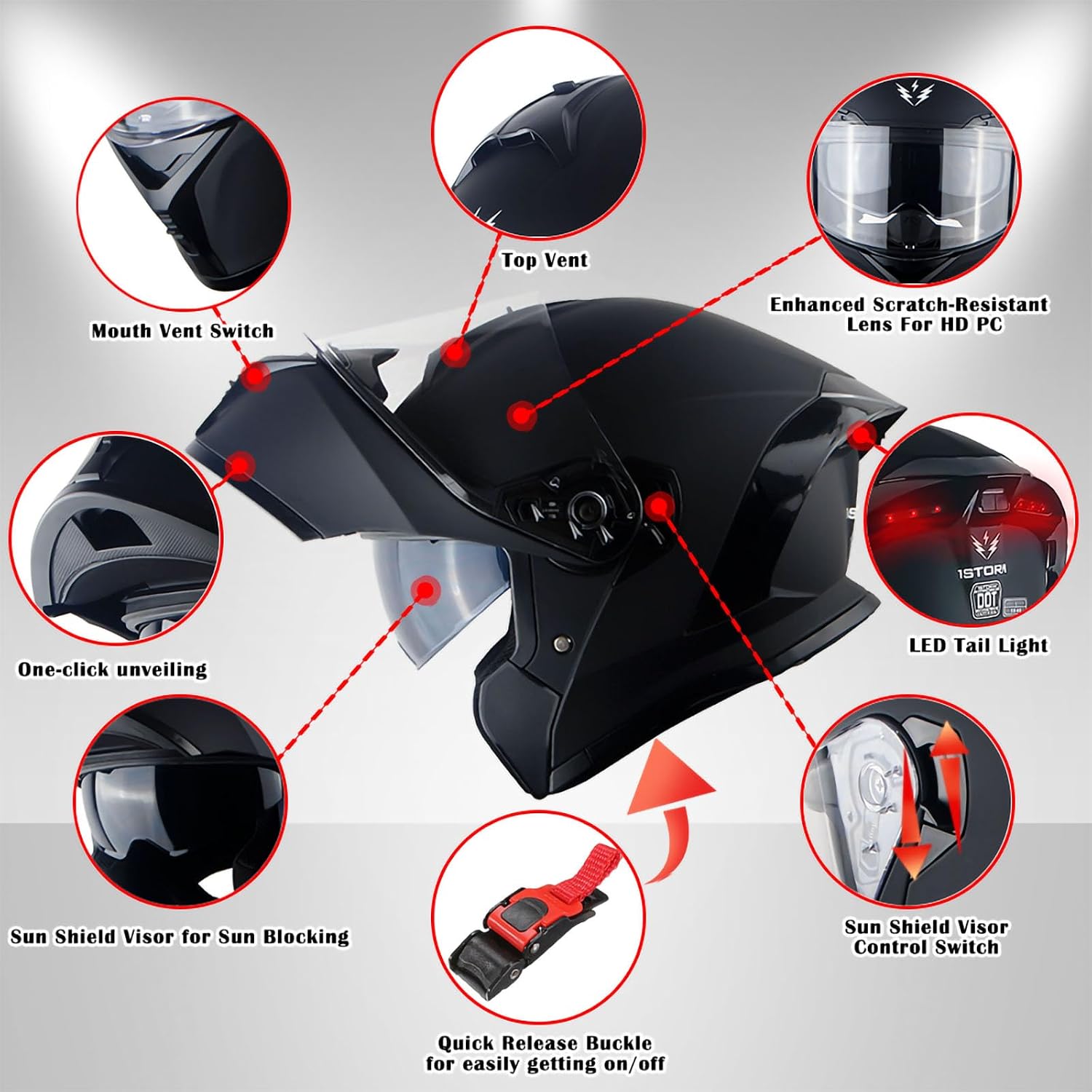 1Storm New Motorcycle Bike Modular Full Face Helmet Dual Visor Sun Shield with Rechargeable LED Tail Light: LED-X90 Matt Black - Image 4