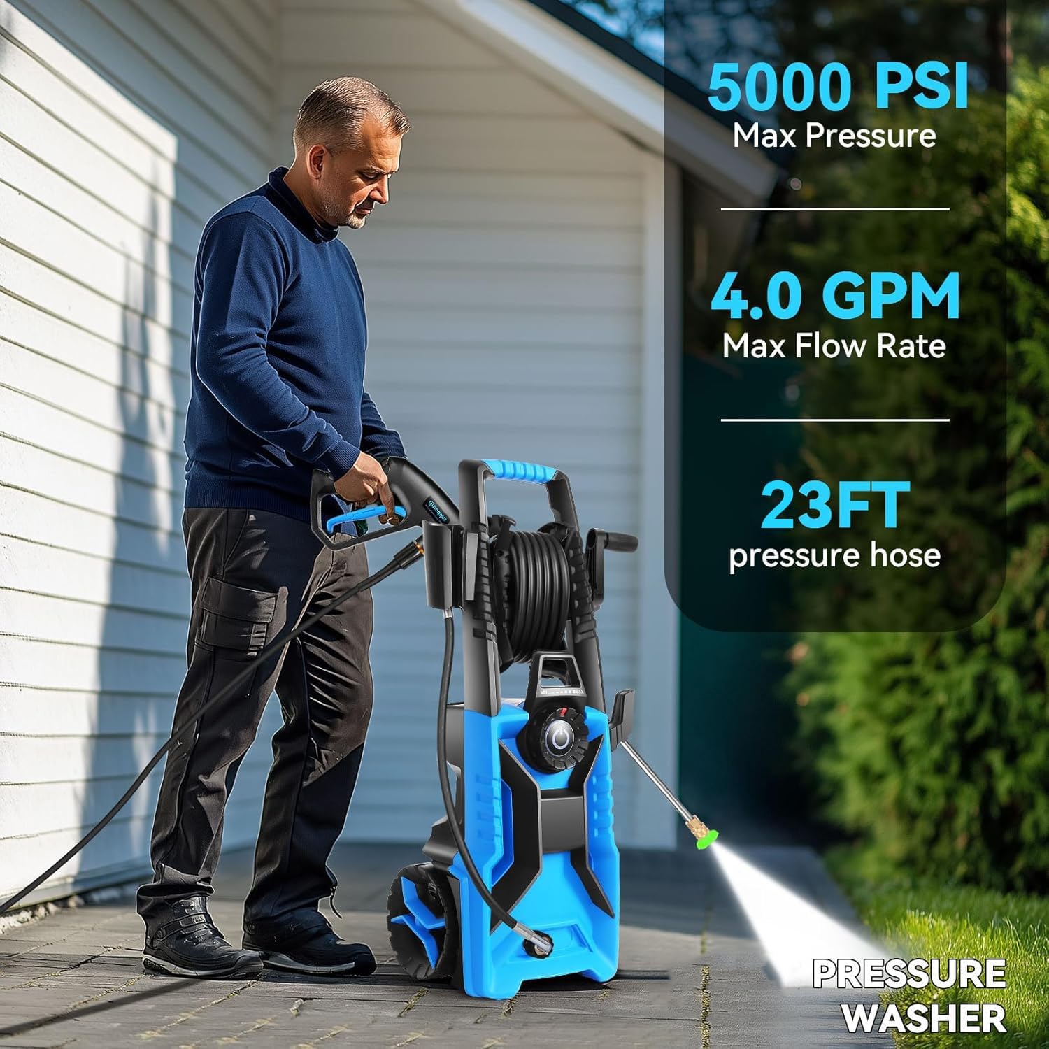 Electric Pressure Washer 5000 PSI Power Wahser with Pressure Control | Powerwashers for Homeowners, Cord with GFCI, 23FT Hose, 500ml Foam Cannon, Portable power washer for Home, Car, Blue - Image 5
