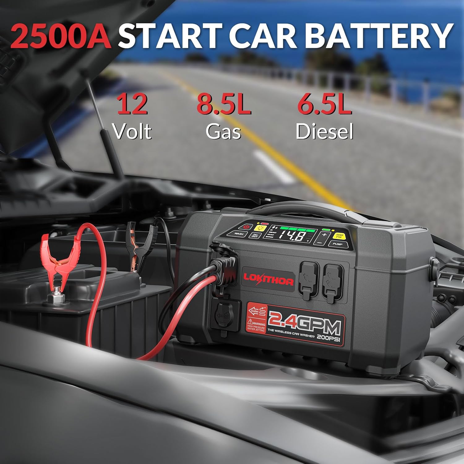LOKITHOR AW401 5-in-1 Multi-Function Car Emergency Tool | 2500 Amp Jump Starter(8.5L & 6.5L) | 150 PSI Air Compressor | 200 PSI Pressure Washer | 500-lumen LED | 20,000mAh Power Bank - Image 3