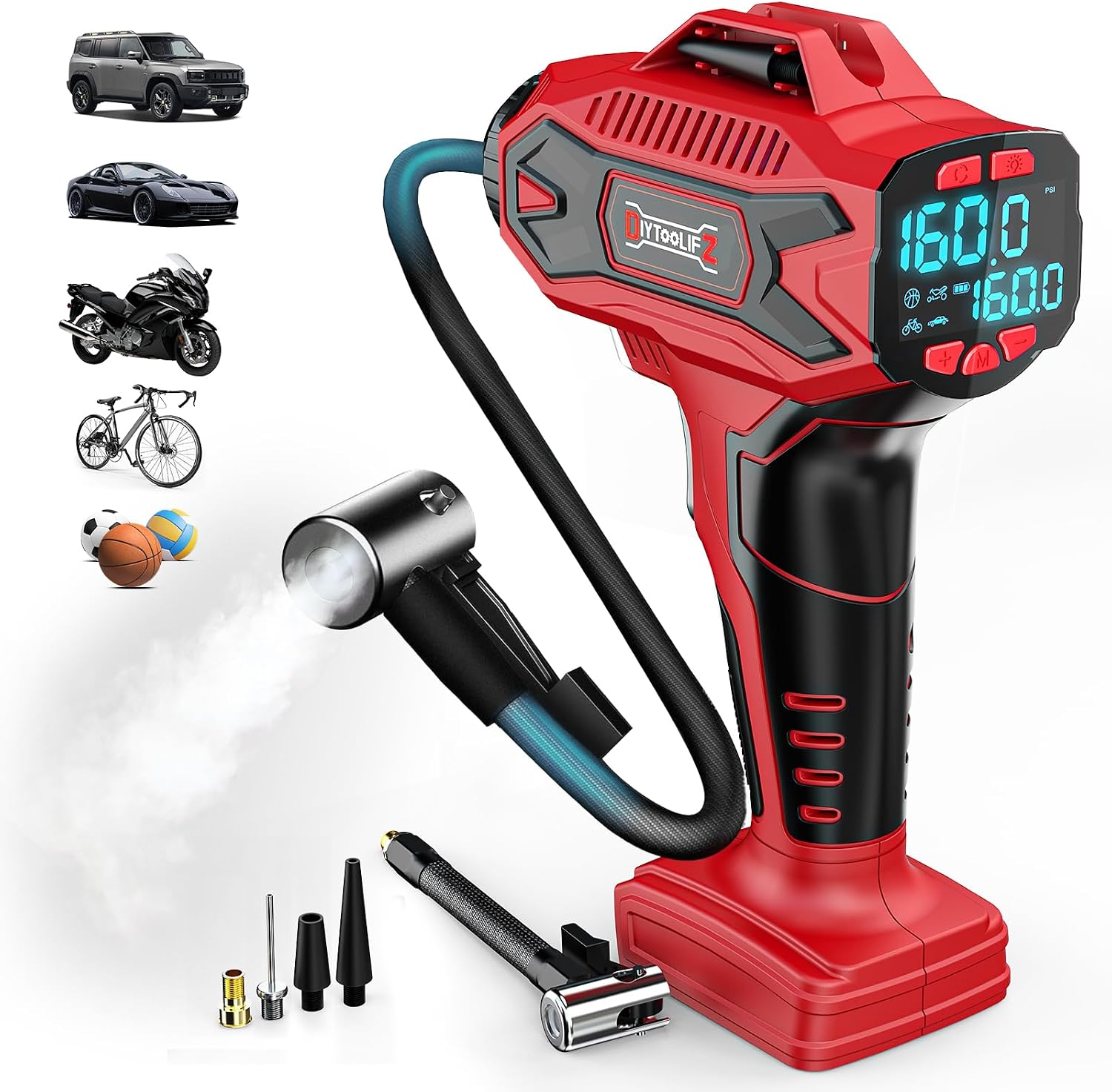 DIYtoolifz 160PSI Tire Inflator Compatible with Milwaukee 18V Battery | Portable Air Compressor Cordless Air Pump with Digital Pressure Gauge for Cars, SUV, Motorcycles, Bikes, Balls (Tool Only) - Image 2