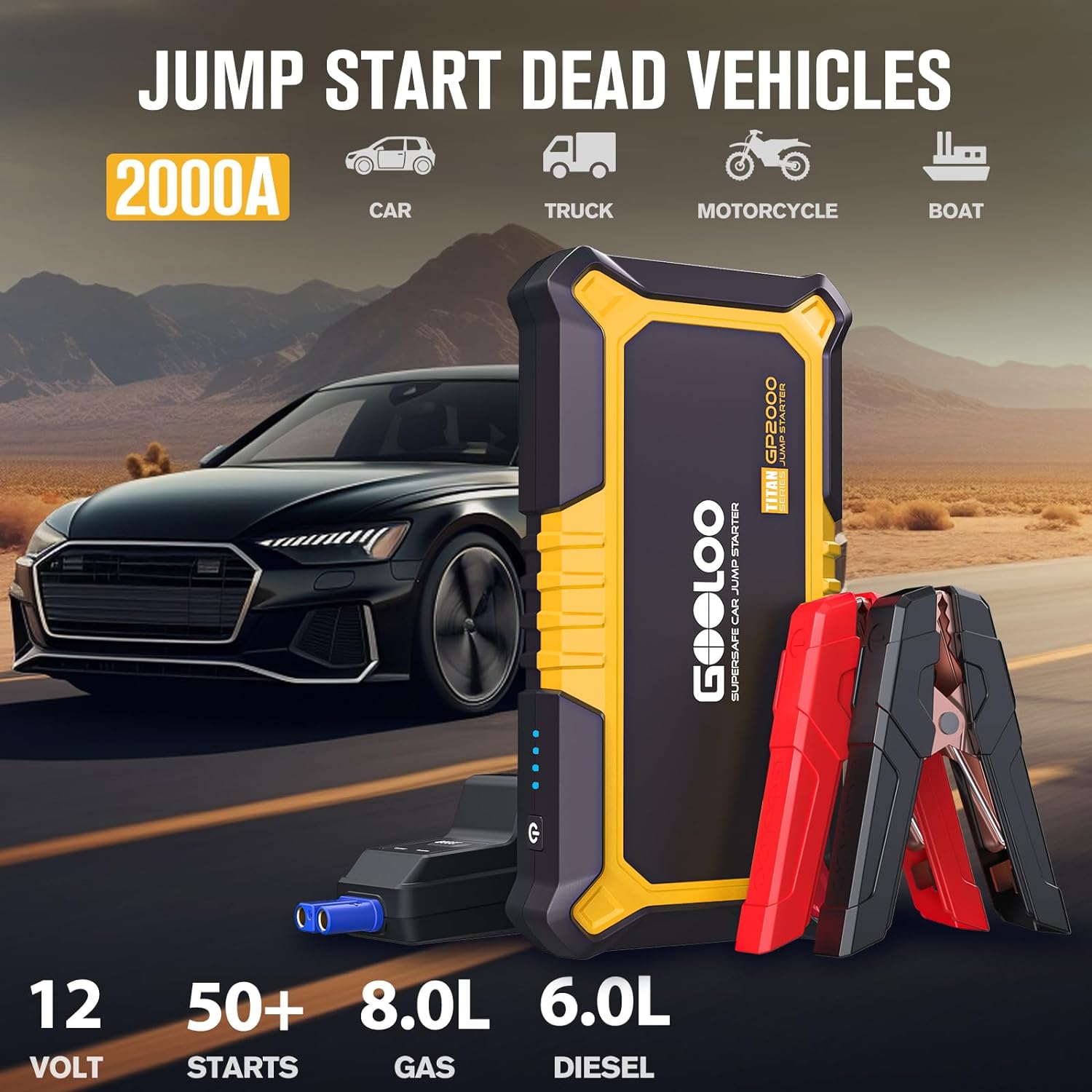 GOOLOO New GP2000 Jump Starter 2000A Car Starter Battery Pack (Up to 8.0L Gas, 6.0L Diesel Engine),12V Car Battery Charger Jumper Starter, Supersafe Portable Lithium Jump Box with USB Quick Charge - Image 3