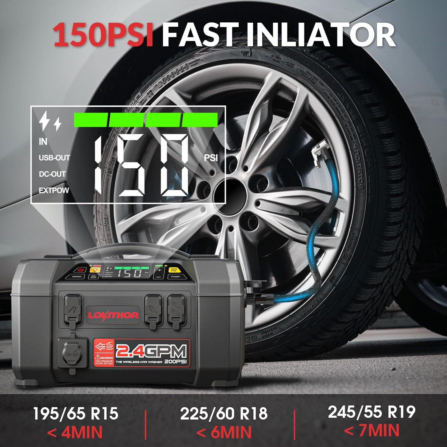 LOKITHOR AW401 5-in-1 Multi-Function Car Emergency Tool | 2500 Amp Jump Starter(8.5L & 6.5L) | 150 PSI Air Compressor | 200 PSI Pressure Washer | 500-lumen LED | 20,000mAh Power Bank - Image 4