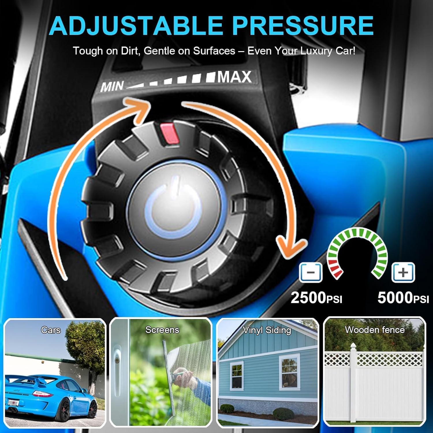 Electric Pressure Washer 5000 PSI Power Wahser with Pressure Control | Powerwashers for Homeowners, Cord with GFCI, 23FT Hose, 500ml Foam Cannon, Portable power washer for Home, Car, Blue - Image 4