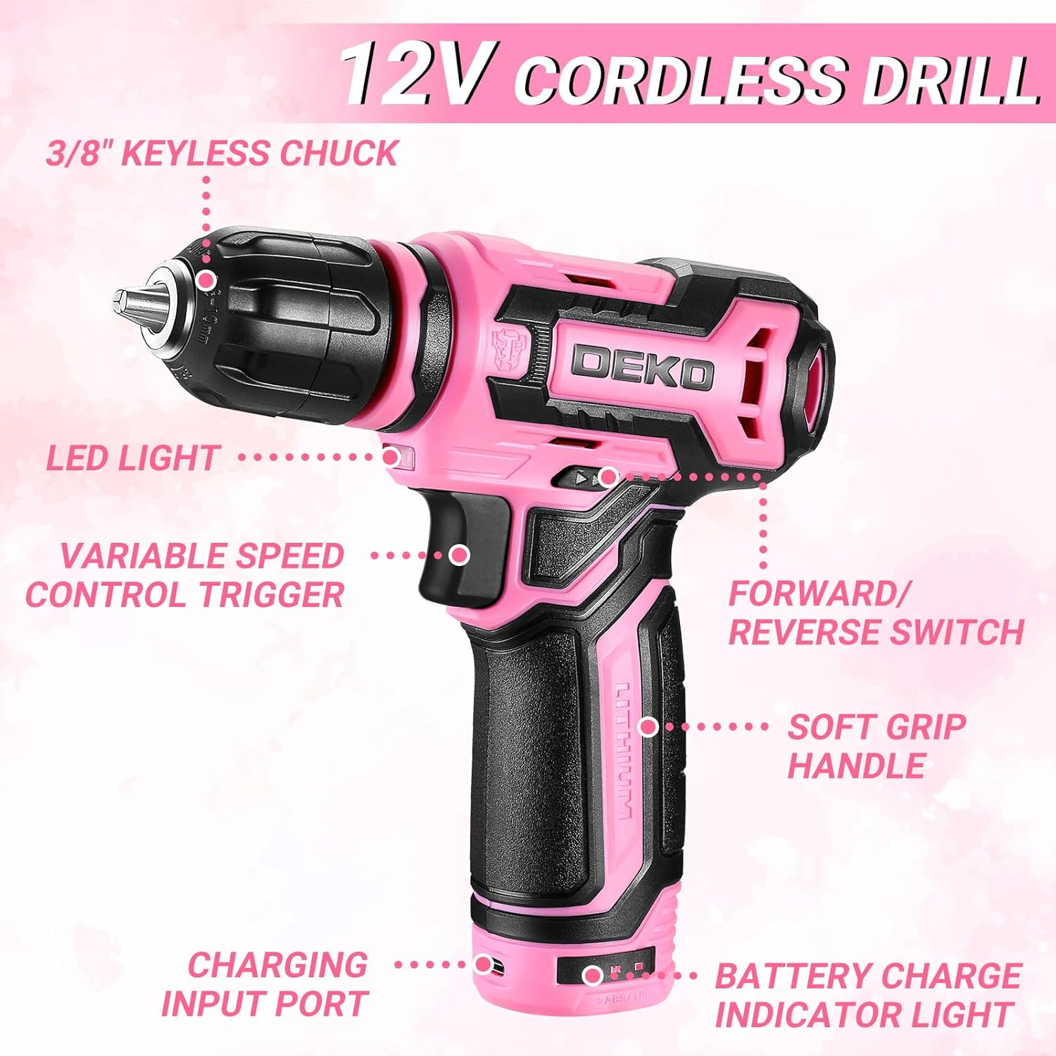 Pink Tool Kit Box Drill Set:DEKOPRO Home Mechanic Toolbox with 12V Power Cordless Drill Hand Repair Tools Sets Combo Kits Storage Organizer Drawer Case for Men & Women - Image 5