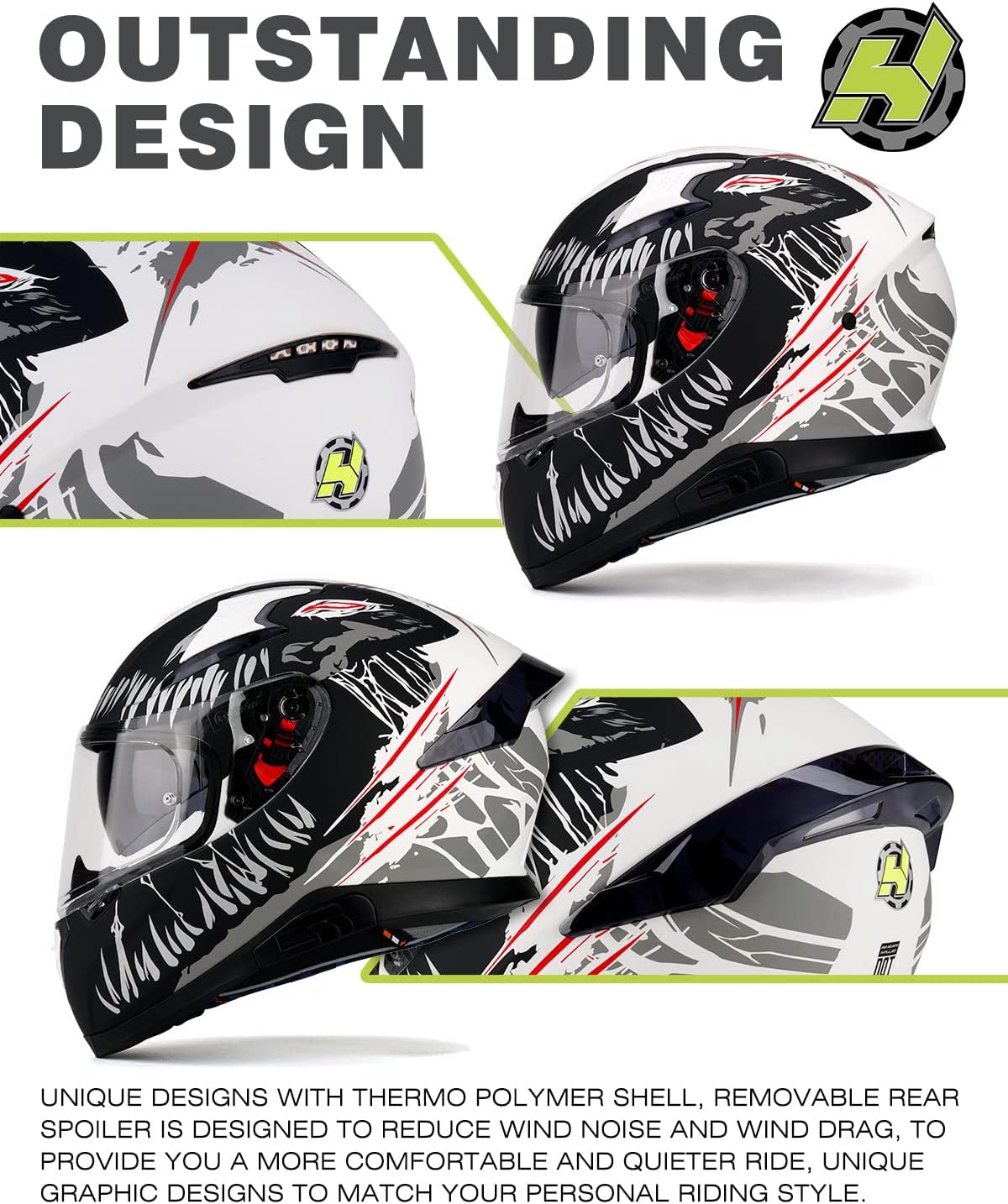 HAX Full Face Motorcycle DOT Approved Helmet with Dual Rear Wing and Pinlock Ready - Lightweight and Durable Motorbike Street Bike Helmet for Adults (Impulse Devour Black,S) - Image 4