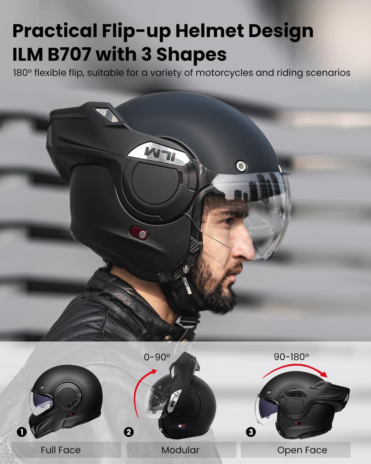 ILM Vintage Full Face Modular Motorcycle Helmet for Adults Men ATV UTV Snowmobile with 180° Reversible Chin Guard DOT ILM-B707(Matte Black, M) - Image 3