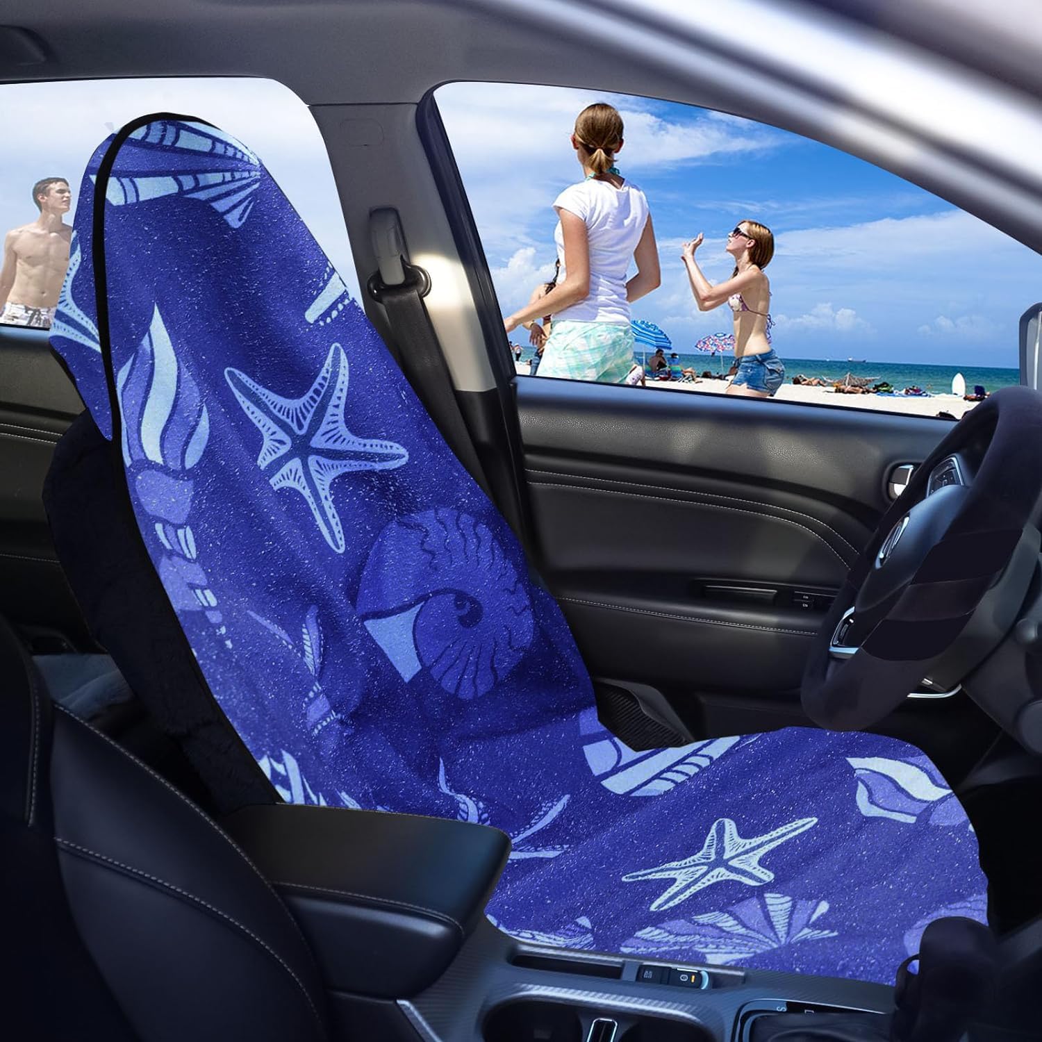 Car Seat Covers 2pcs Waterproof Towel Car Seat Cover Universal Fit for Most Trucks SUV Fitness Athletes Pets Gym and Water Sport,Conch Shells Starfish - Image 3