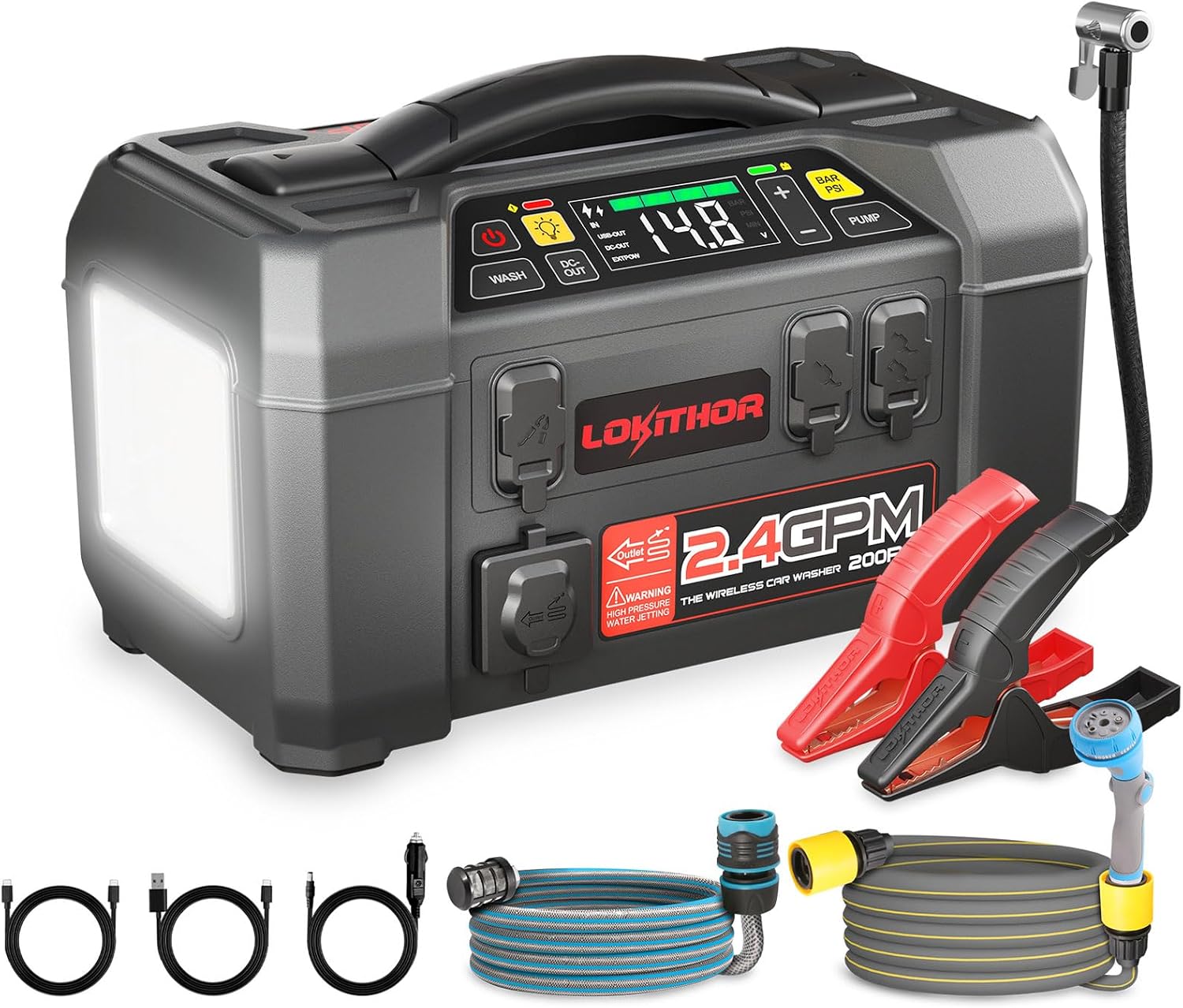 LOKITHOR AW401 5-in-1 Multi-Function Car Emergency Tool | 2500 Amp Jump Starter(8.5L & 6.5L) | 150 PSI Air Compressor | 200 PSI Pressure Washer | 500-lumen LED | 20,000mAh Power Bank - Image 2