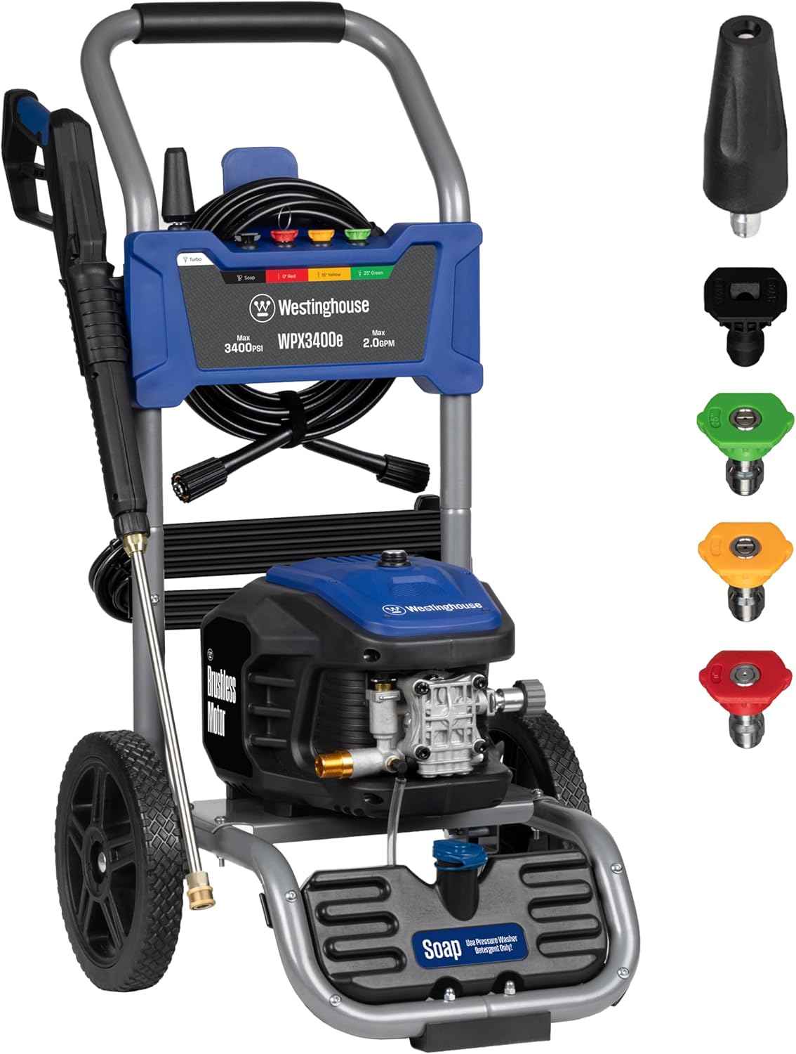 Westinghouse WPX3400e Electric Pressure Washer, 3400 Max PSI and 2.0 Max GPM, Brushless Motor, Onboard Soap Tank, Spray Gun and Wand, 5 Nozzle Set, for Cars/Fences/Driveways/Homes/Patios/Furniture - Image 2