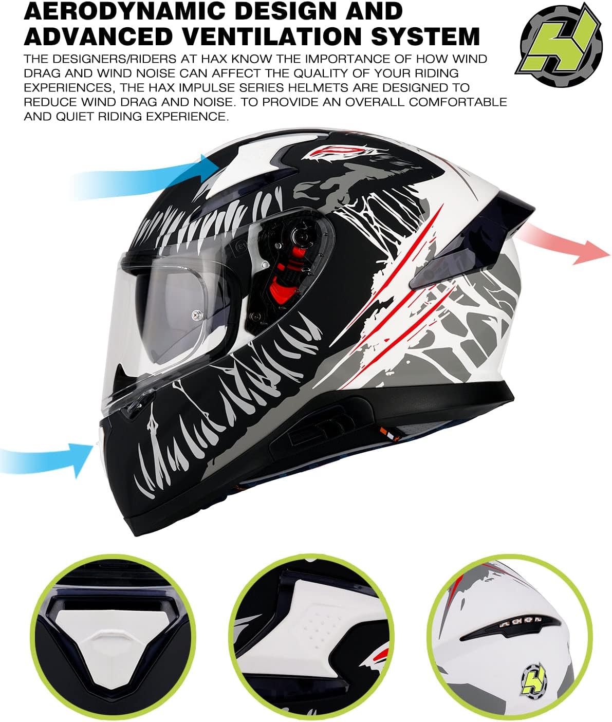 HAX Full Face Motorcycle DOT Approved Helmet with Dual Rear Wing and Pinlock Ready - Lightweight and Durable Motorbike Street Bike Helmet for Adults (Impulse Devour Black,S) - Image 6
