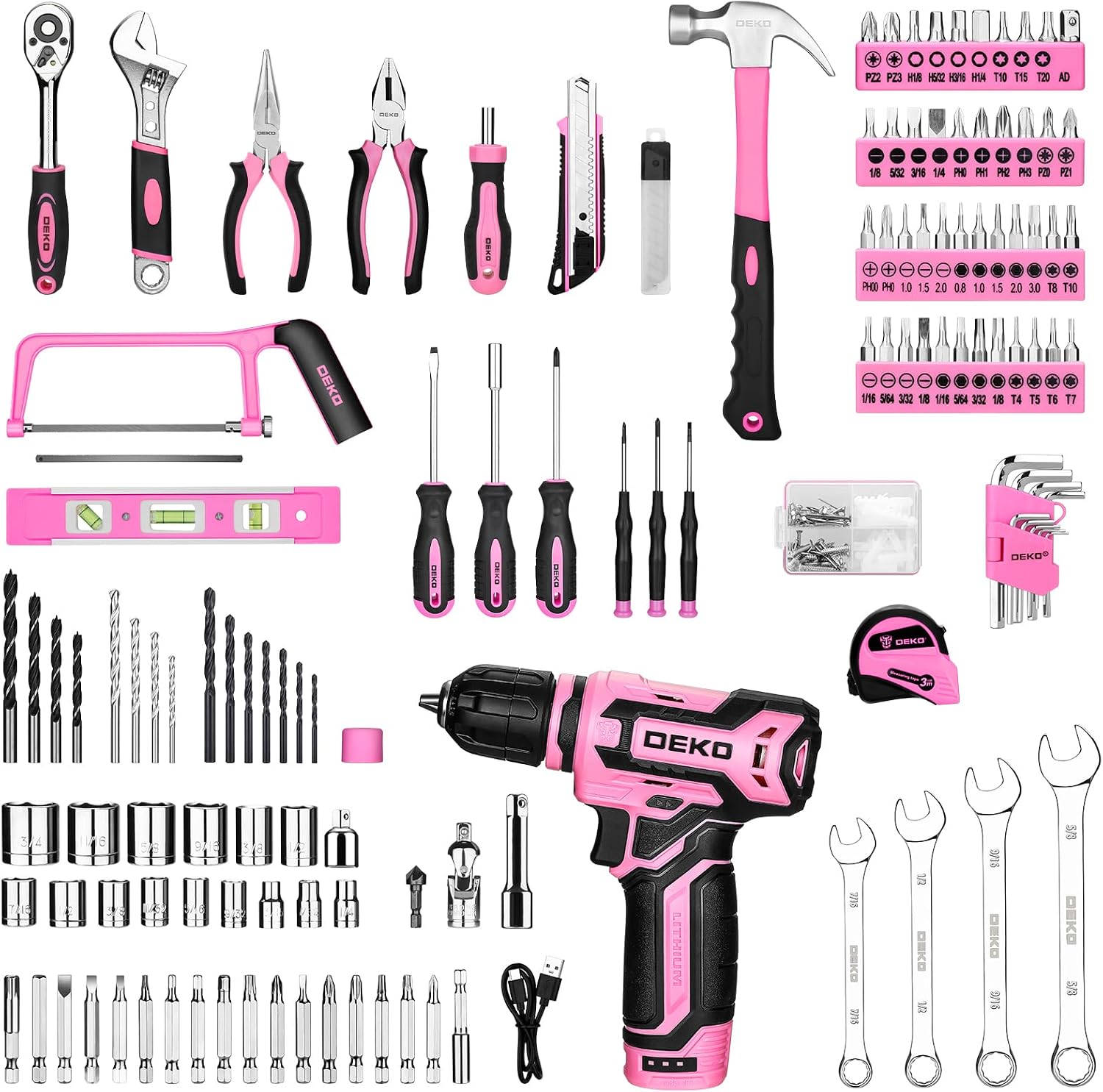 Pink Tool Kit Box Drill Set:DEKOPRO Home Mechanic Toolbox with 12V Power Cordless Drill Hand Repair Tools Sets Combo Kits Storage Organizer Drawer Case for Men & Women - Image 4