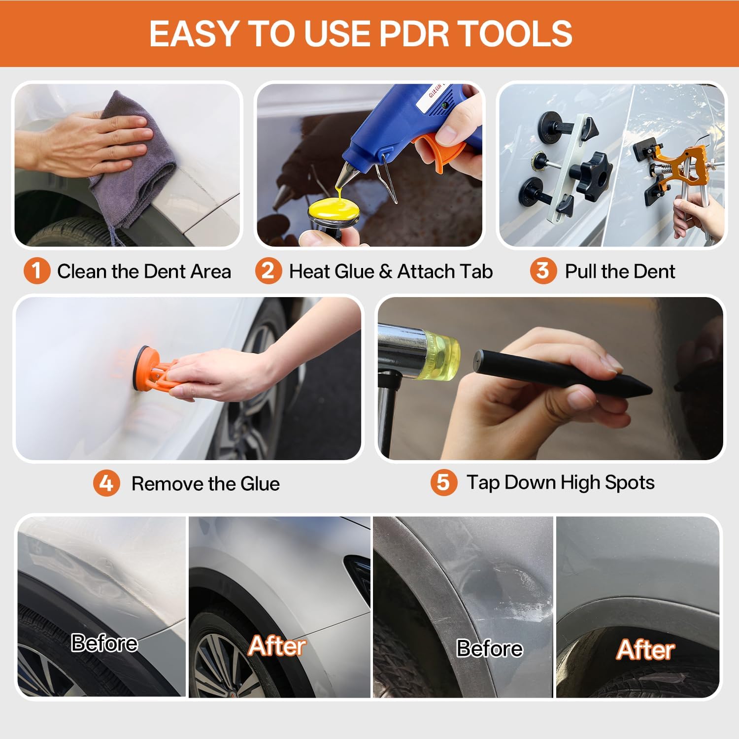 Paintless Dent Repair Kit for Car, PDR Paintless Dent Removal Tools | Dent Puller Kit with Dent Lifter & Pro Dent Puller Tabs, Auto Body Dent Puller for Car Dent Repair, Hail Damage Repair - Image 7