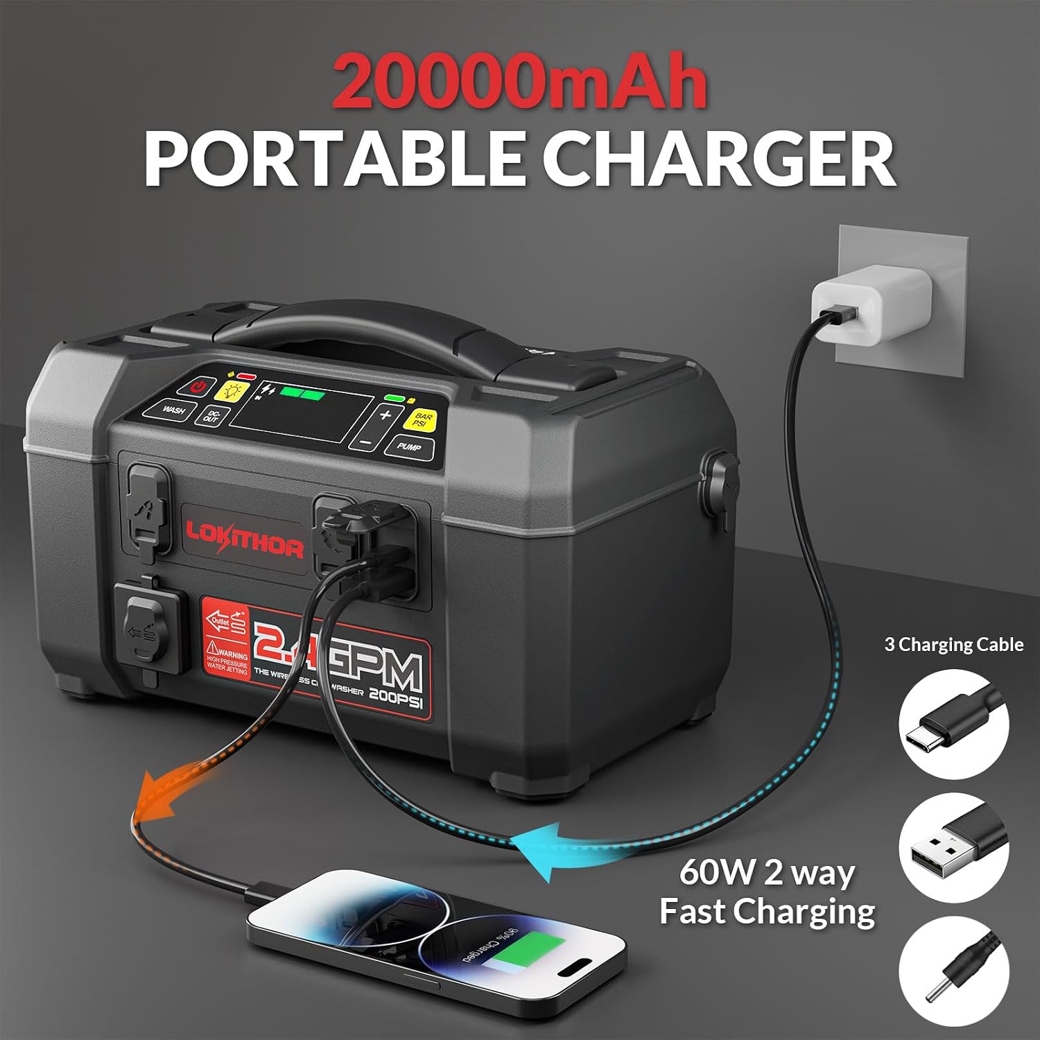LOKITHOR AW401 5-in-1 Multi-Function Car Emergency Tool | 2500 Amp Jump Starter(8.5L & 6.5L) | 150 PSI Air Compressor | 200 PSI Pressure Washer | 500-lumen LED | 20,000mAh Power Bank - Image 6