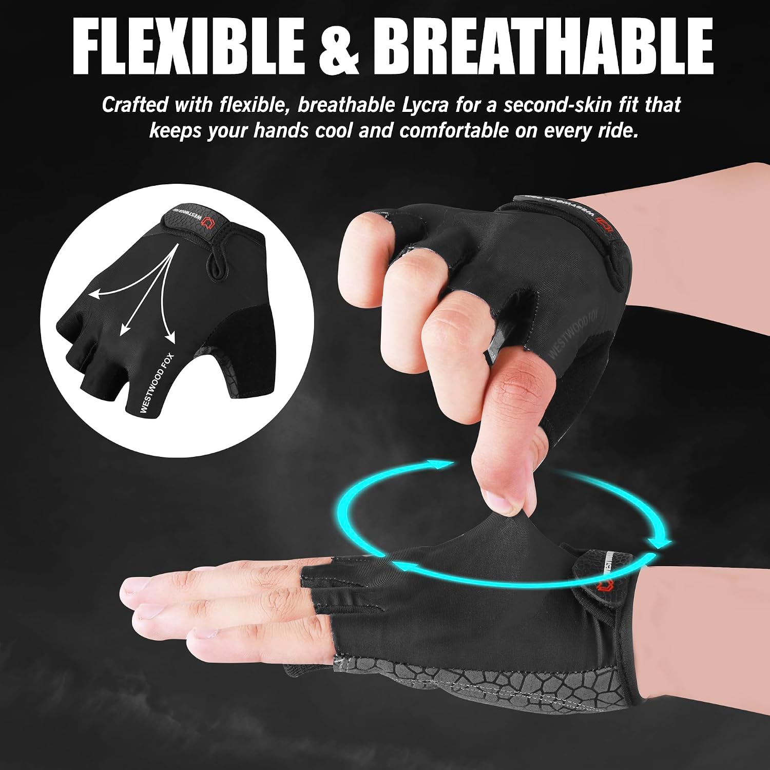 WESTWOOD FOX Cycling Gloves Half Finger Unisex Padded Grips Palm Bicycle Summer MTB Bike Gloves for Men Women Non-Slip Fingerless Short Mountain Bike Sports Hiking Climbing Gym - Image 7