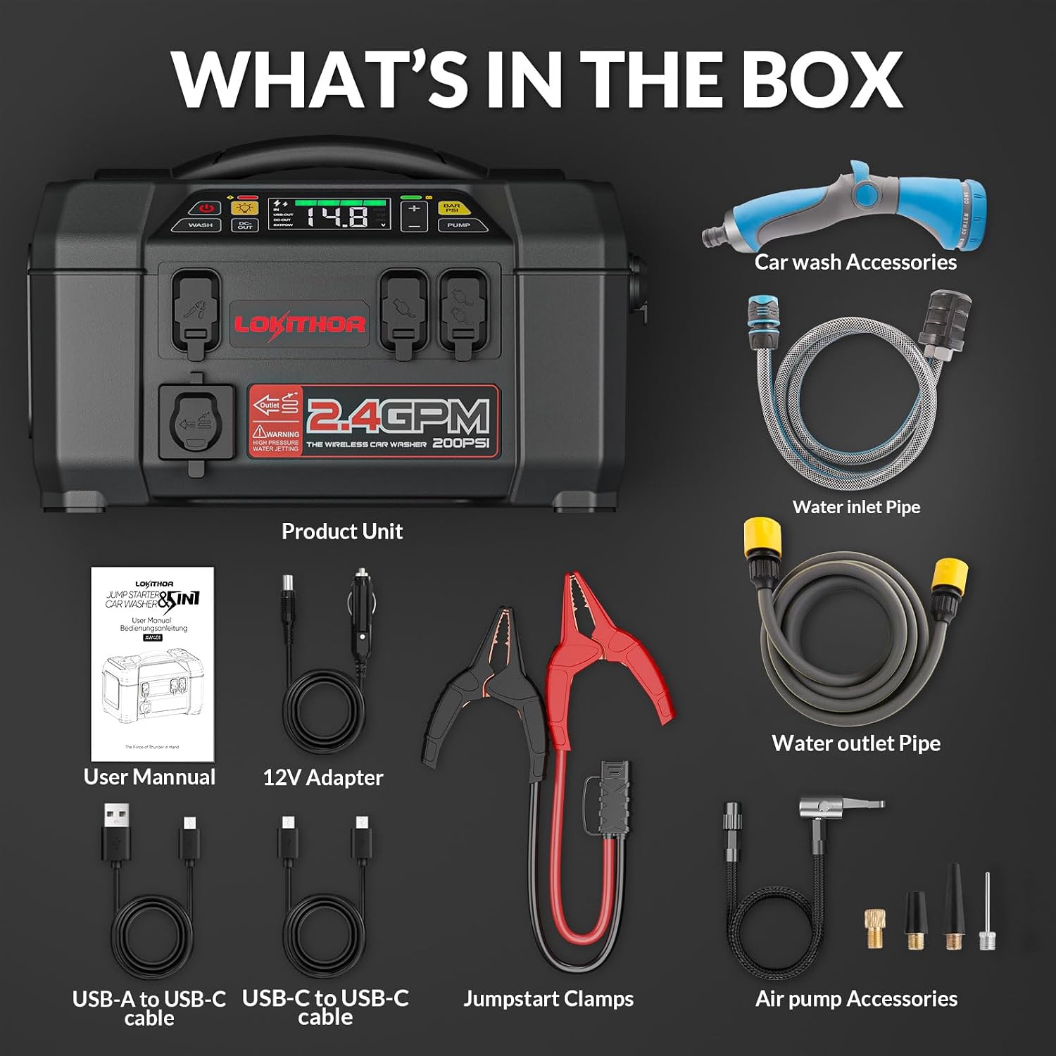 LOKITHOR AW401 5-in-1 Multi-Function Car Emergency Tool | 2500 Amp Jump Starter(8.5L & 6.5L) | 150 PSI Air Compressor | 200 PSI Pressure Washer | 500-lumen LED | 20,000mAh Power Bank - Image 8